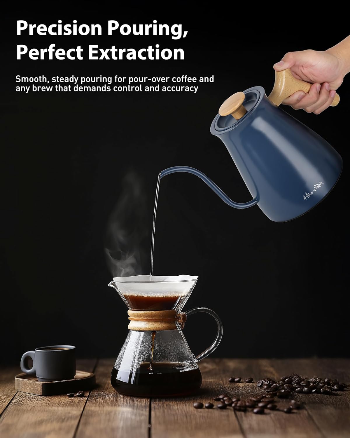 Harriet Gooseneck Electric Kettle - 1200W Fast Heat, 0.8L Stainless Steel, Precision Temp Control & Timer, Wood Handle, Pour Over Coffee and Tea, Blue