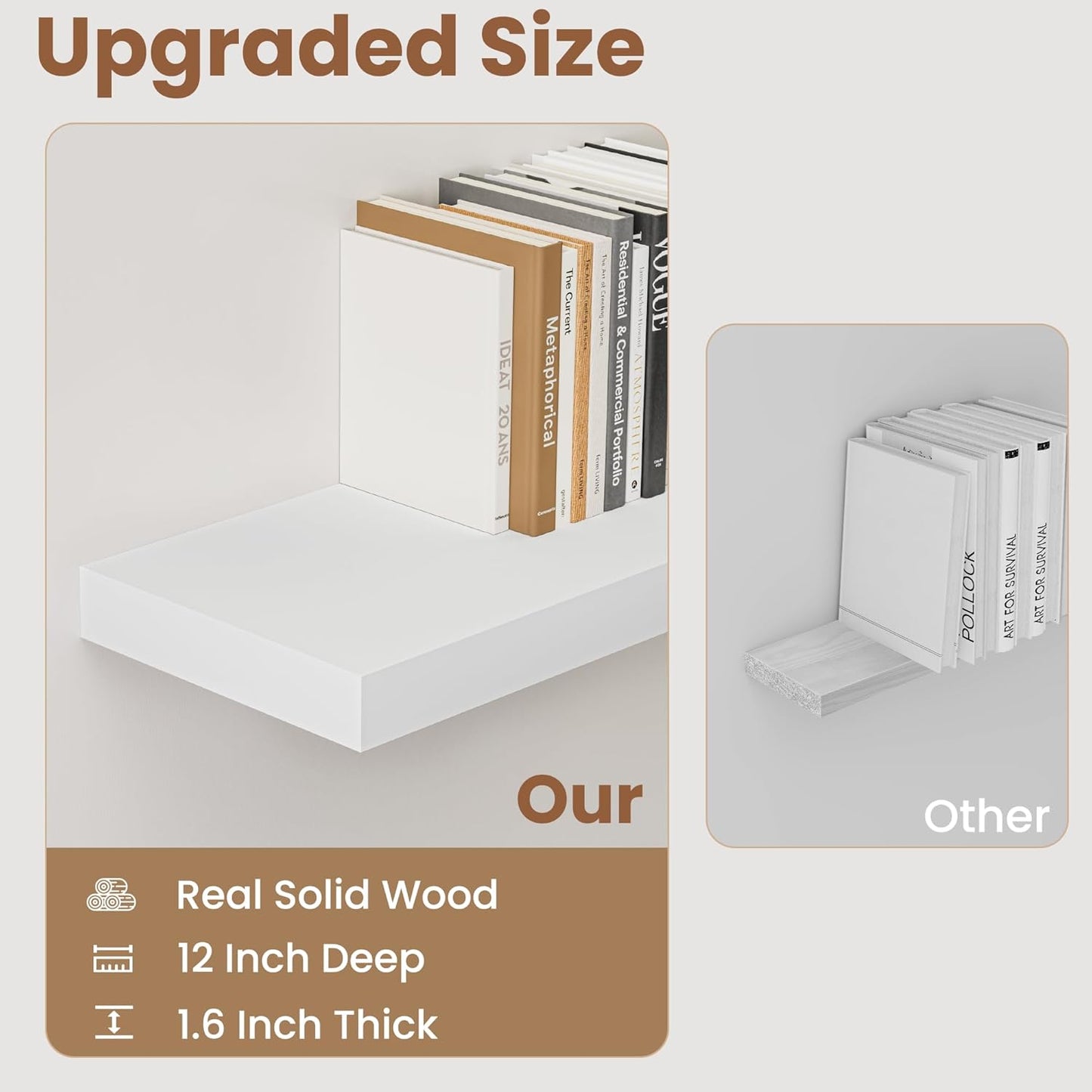 9.3 Inch Deep Floating Shelves, White Solid Wood Floating Shelf Wall Mounted, 36 x 9 Large Display & Storage Shelves for Books, Living Room, Bathroom, Rustic Wooden Wall Shelves, Heavy-Duty, Set of 2