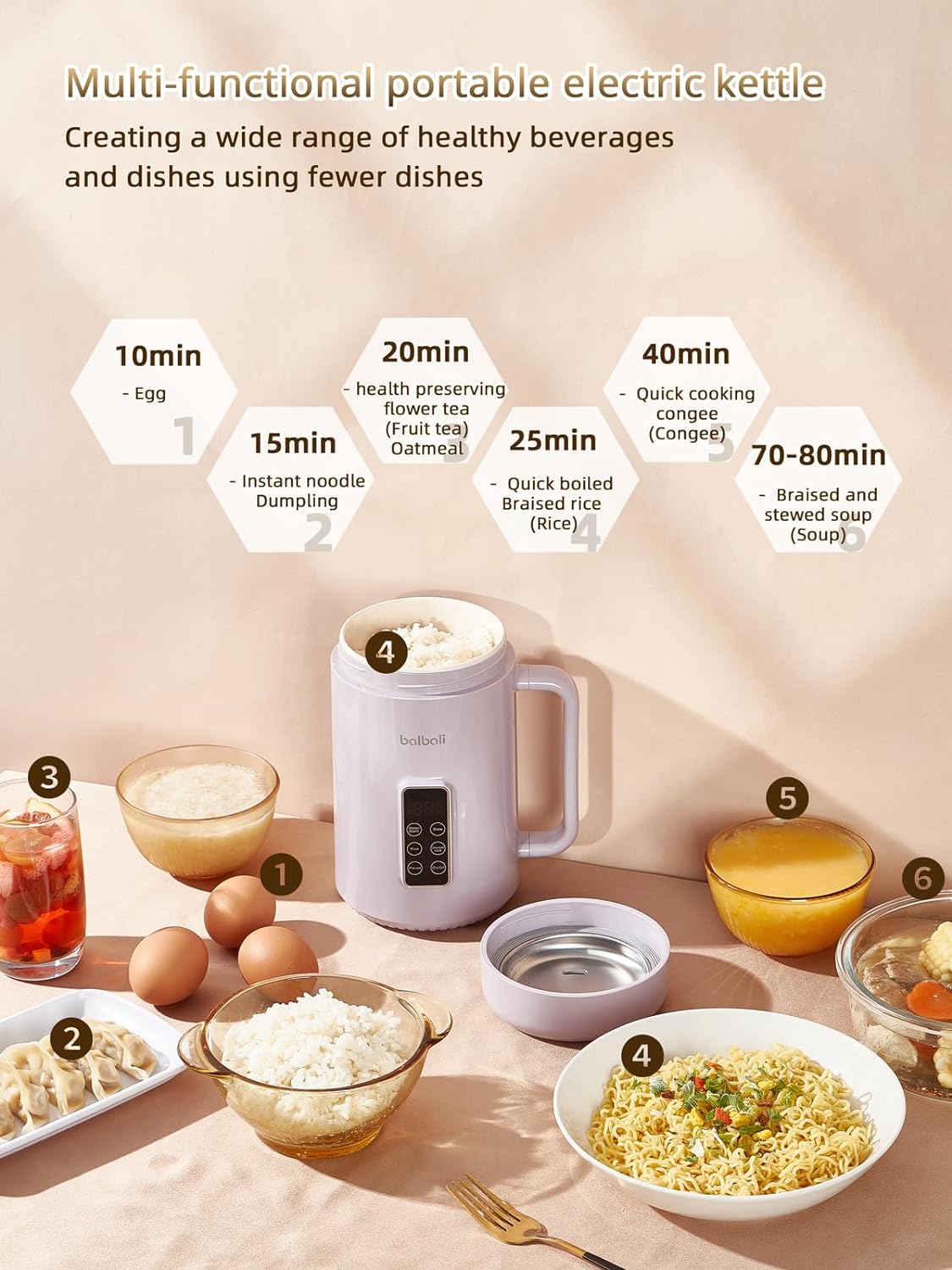 balbali Portable Electric Pot for Cooking Dorm Room - 28oz Non-stick Travel Electric Kettle, Mini Hot Pot with Temperature and Time Control - Self Heating Soup/Rice/Ramen Cooker/Warmer Purple