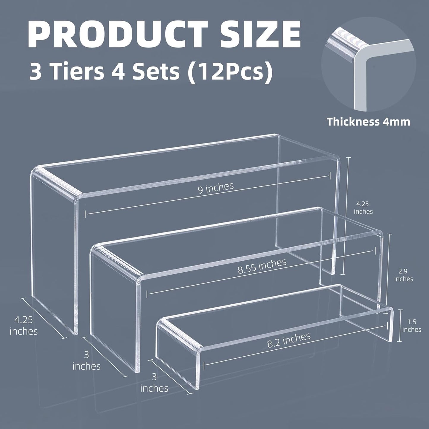 Goabroa 12 Pcs Clear Acrylic Risers Display Stands, 3 Tiers 4mm Thick Transparent Acrylic Shelves Ideal for Collectibles Stand, Party Cake Dessert Holder, Floating Visual Pop Figure Display Shelves