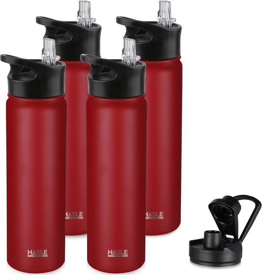 HASLE OUTFITTERS Insulated Water Bottle 22 oz Double Wall Stainless Steel Water Bottle Wide Mouth with Straw Lid & Spout Lid Keeps Cold or Hot(Red,4)