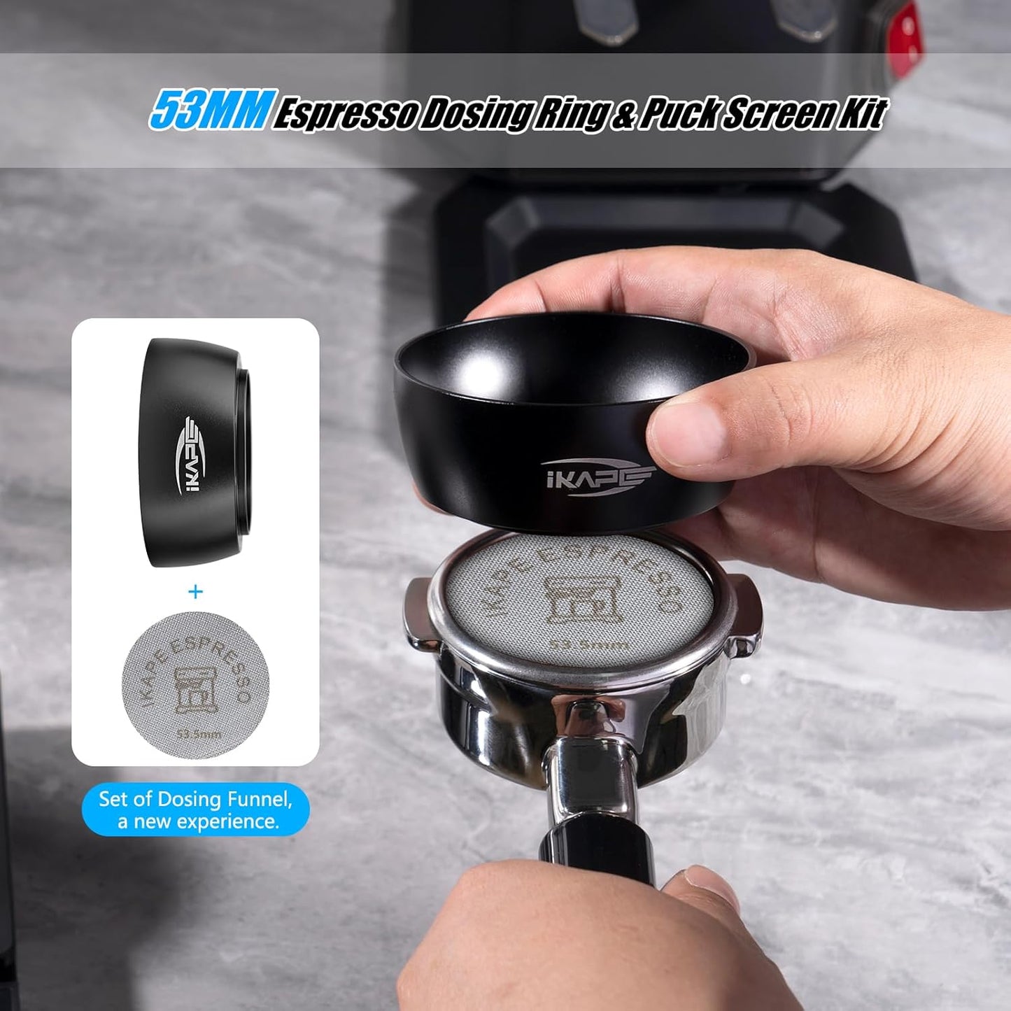 IKAPE Magnetic Dosing Funnel Set, 53MM Espresso Dosing Ring & Puck Screen Kit Compatible with Breville 54MM Bottomless Portafilter - with 8 Small Magnet (Black)