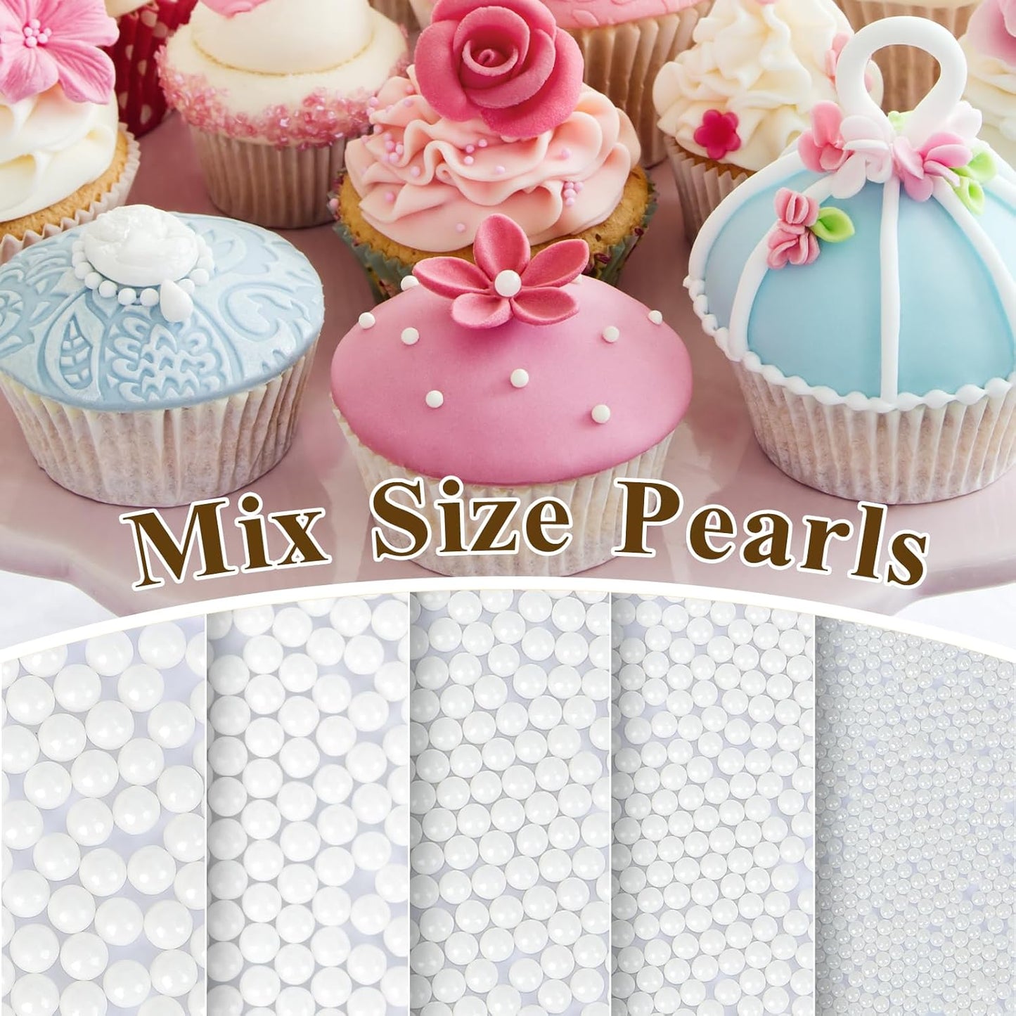 Twisweet White Pearl Sprinkles for Cake Decorating, Edible Sugar Pearls for Baking, Mix Size, Cake Topper Cupcake Cookie Ice Cream Dessert Decorations, Valentines Birthday Christmas Wedding Supplies (130g/4.58oz)
