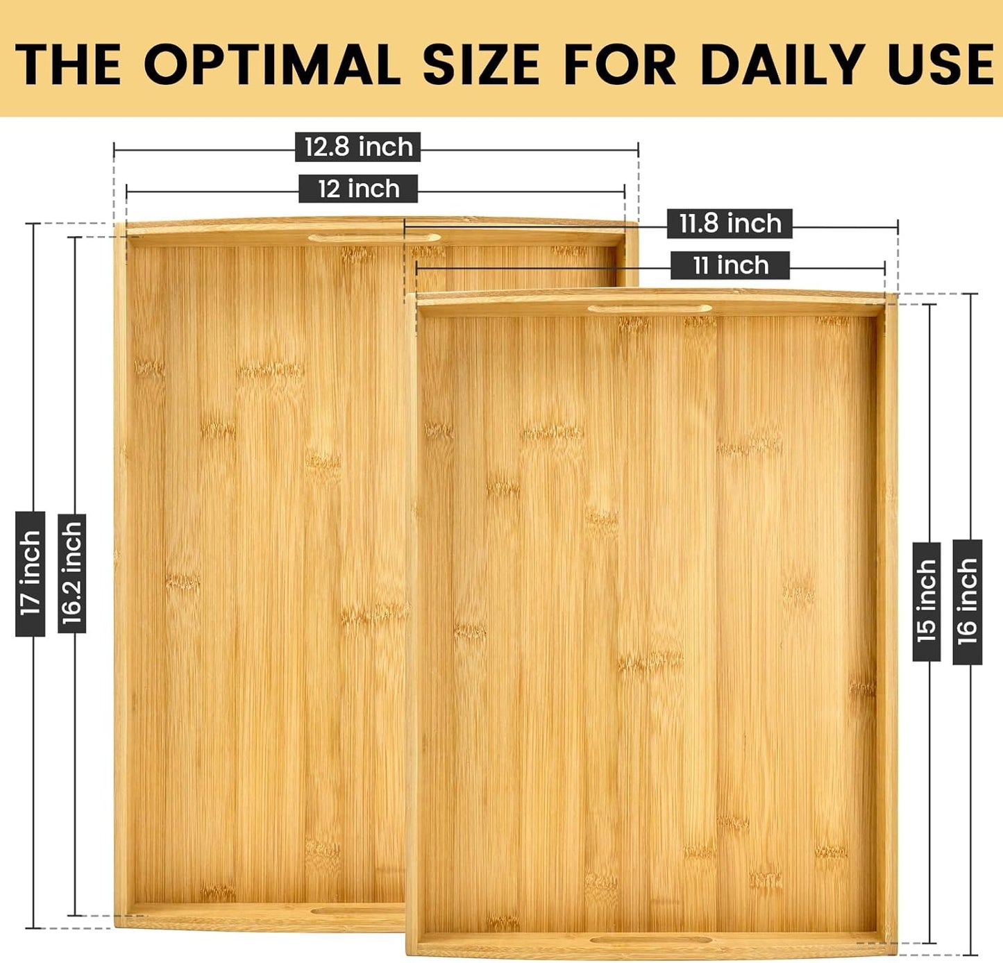 Bamboo Serving Tray with Handles Set of 4 - Decorative Wooden Trays for Eating, Working, and Storing, Suitable for Use in Bedroom, Living Room, Kitchen, Bathroom, Outdoor Scenarios and More