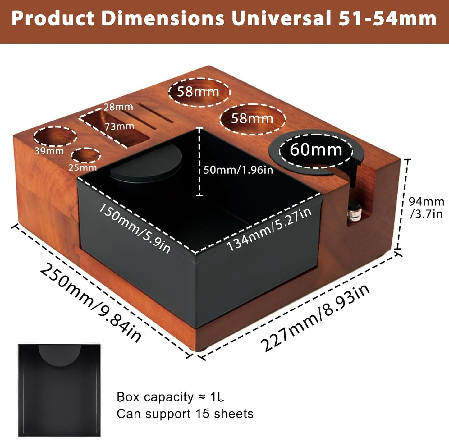 54mm Espresso Tamping Station Knock Box - 9 in 1 Coffee Knock Box And Tamp Station Espresso Organizer Box Fit for 51mm 53mm 54mm Espresso Portafilter Distributor Tamper Puck Screen Accessories Storage
