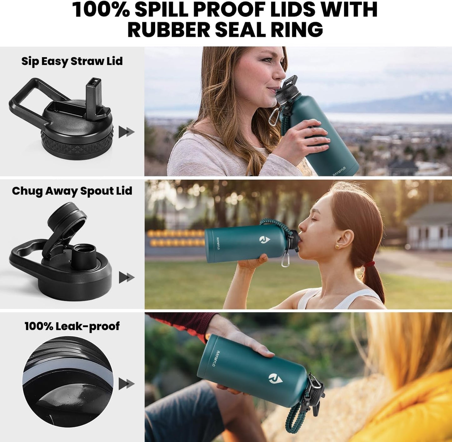 Insulated Water Bottle 87 oz, Triple Wall Vacuum Stainless Steel (Cold for 48 Hrs), Leak Proof & Non-BPA, Modern Water Flask Jug with Paracord Handle & Straw Spout Lids, Dark Green