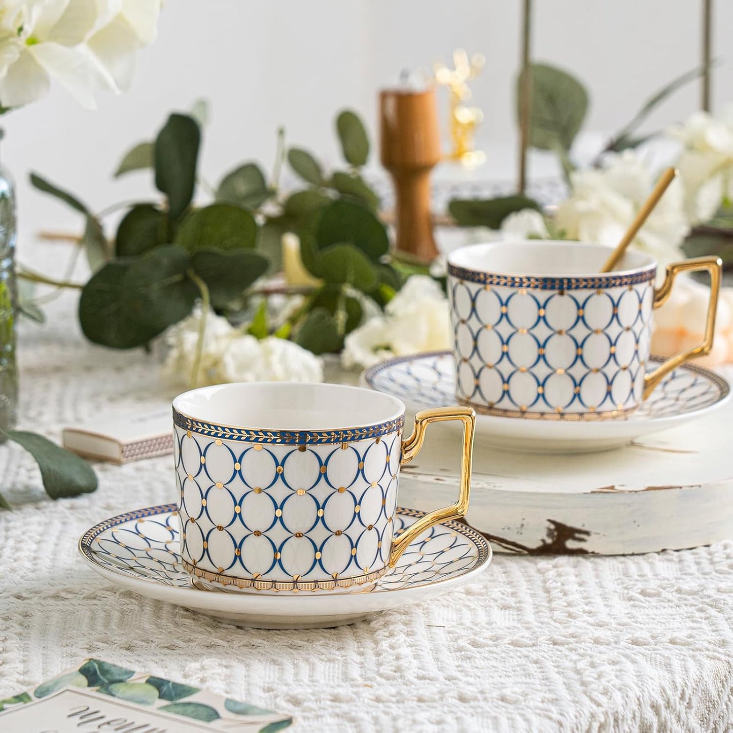 CwlwGO- Bone China Tea Cup Sets,15-Pieces Tea Cup and Saucer Set Service For 4 Whit 28 Ounces Teapot,Sugar Bowl,Creamer Pitcher and Spoons, Tea Gifts Sets For Women Patry.