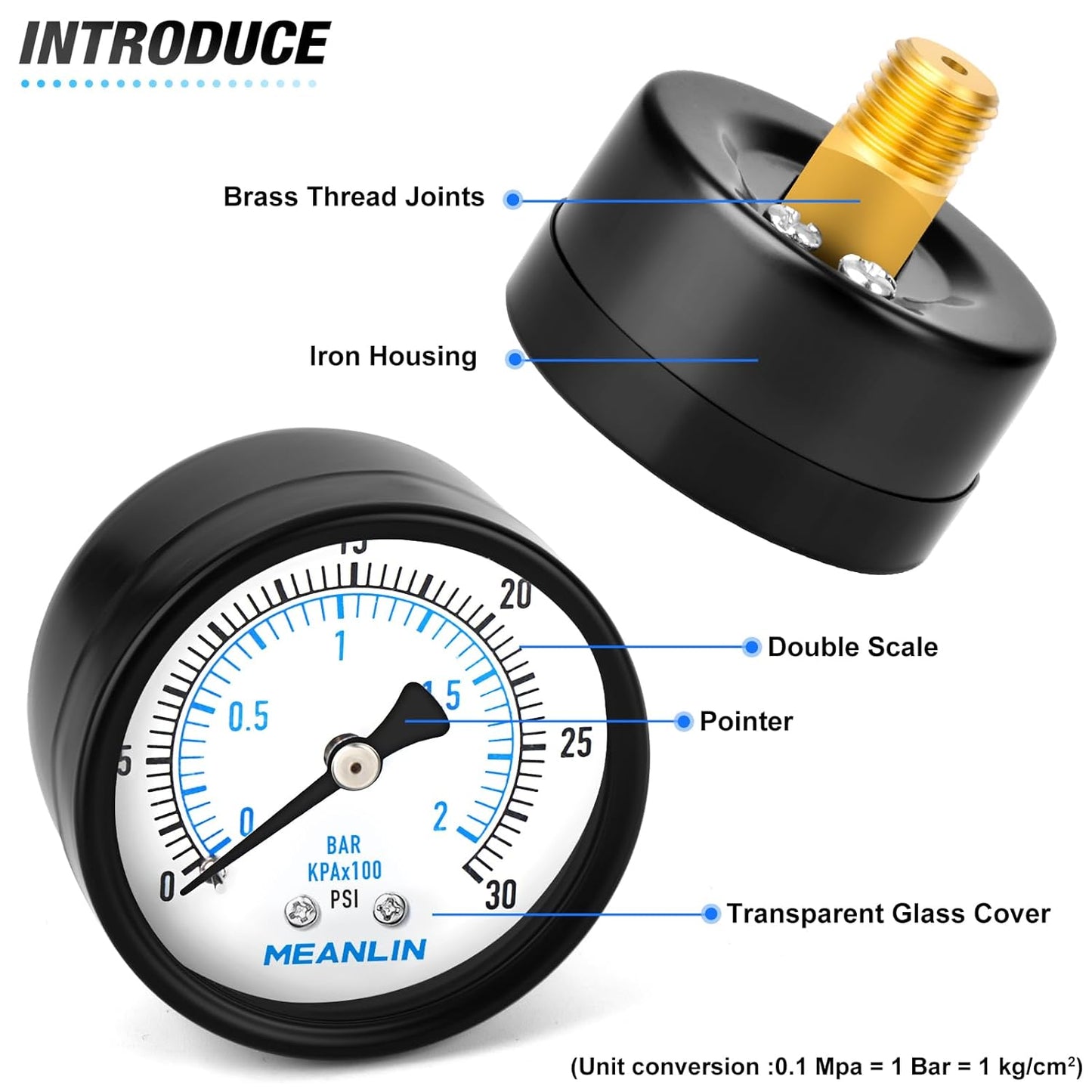 MEANLIN MEASURE 0-30Psi 2" DIAL FACE 1/4" NPT Well Pump Pressure Gauge, with 1/2" NPT and 3/8" NPT Hex Bushing, 3-2-3% Accuracy, Center Back Mount