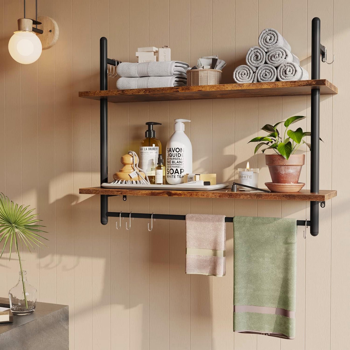 Bestier Pipe Shelf Industrial Floating Shelving 31" Kitchen Wall-Mounted Shelf with Towel Bar Hooks Coffee Bar Shelves Wine Hanging Display Rack Bookshelf Living Room Decor Bathroom-Rustic Brown