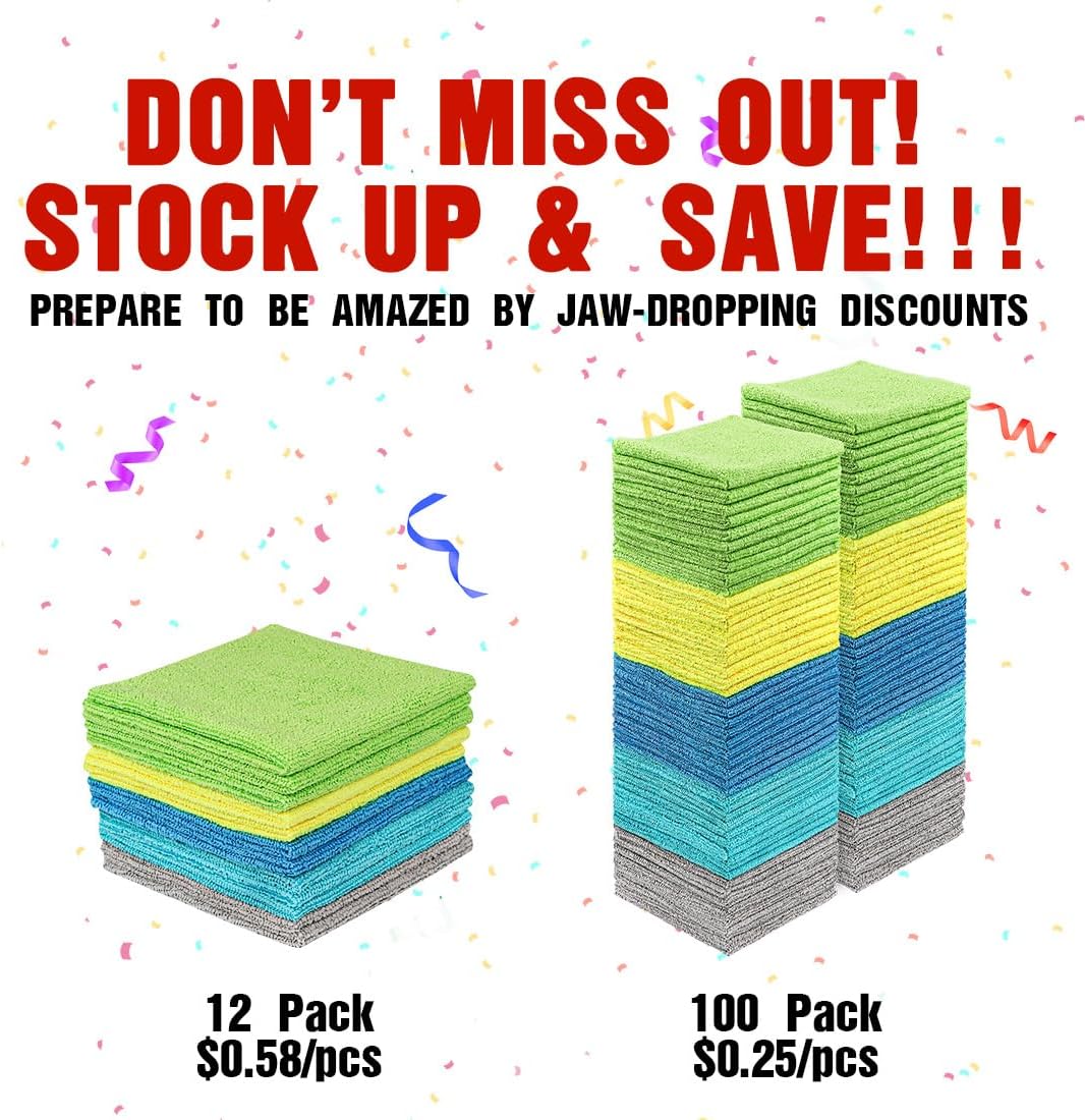 HOMEXCEL Microfiber Cleaning Cloths 100 Pack, Highly Absorbent Microfiber Towels, Lint & Scratch-Free Cleaning Rags for House, Kitchen and Car, Multi-Color Microfiber Towels for Car 11.5 x 11.5 inch