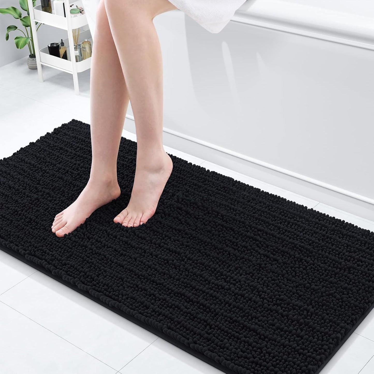 Arotive Luxury Chenille Bathroom Rug Mat, Extra Soft Thick Absorbent Shaggy Bath Rugs, Non-Slip Machine Wash Dry, Plush Bath Mats for Bathroom, Shower and Tub, 60x20, Black