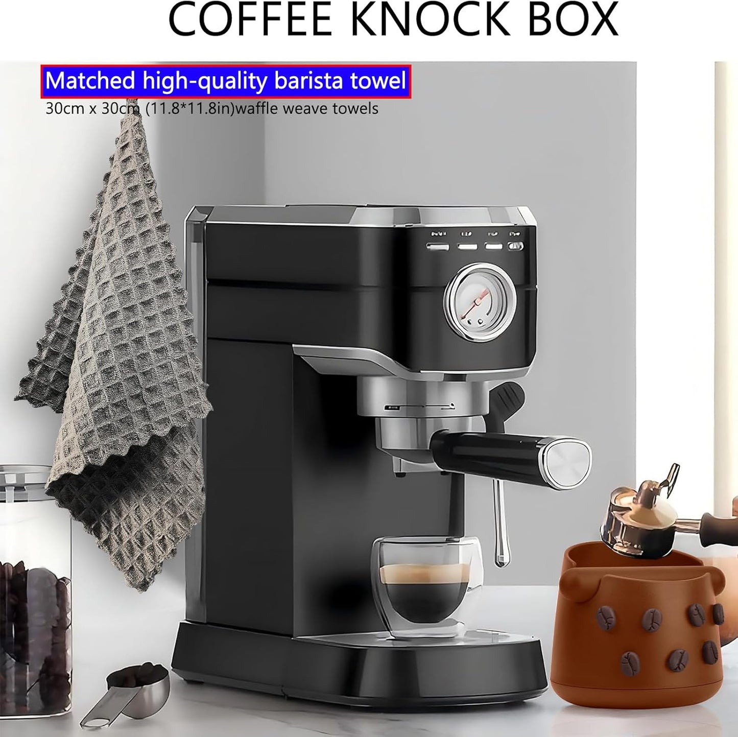 Espresso Knock Box with Barista Towels, Removable Shock-absorbent Knock Bar & Non-Slip Base - Knock Box Espresso, Knock Box for Coffee Grounds, Espresso Machine Accessories, Brown, JDHAVMOS