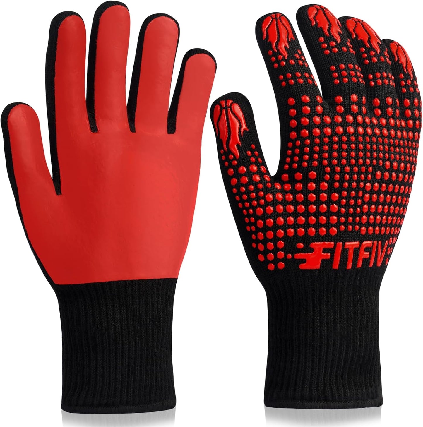 BBQ Gloves, Oven Gloves, 1472°F Extreme Heat Resistant Barbecue Gloves, Silicone Non-Slip Oven Mitts, Kitchen Gloves for Cooking, Grilling, and Baking (Red)