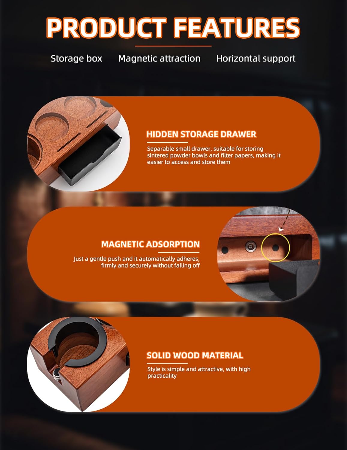 Espresso Tamping Station, Wood Knock Box Drawer Organizer Combo, Compatible with 51-58mm Portafilter and Tamper, for Home Baristas, Coffee Stations, and Espresso Tools Storage