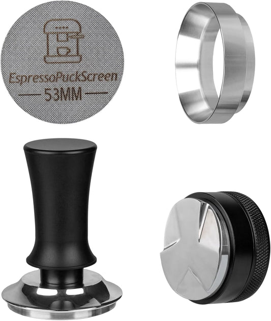 53mm Espresso Tamper Set - Spring-loaded Coffee Tamper, Adjustable Depth Espresso Distributor Leveler, Magnetic Dosing Funnel Aluminum Metal, Reusable Puck Screen, Fit for 53mm Portafilters
