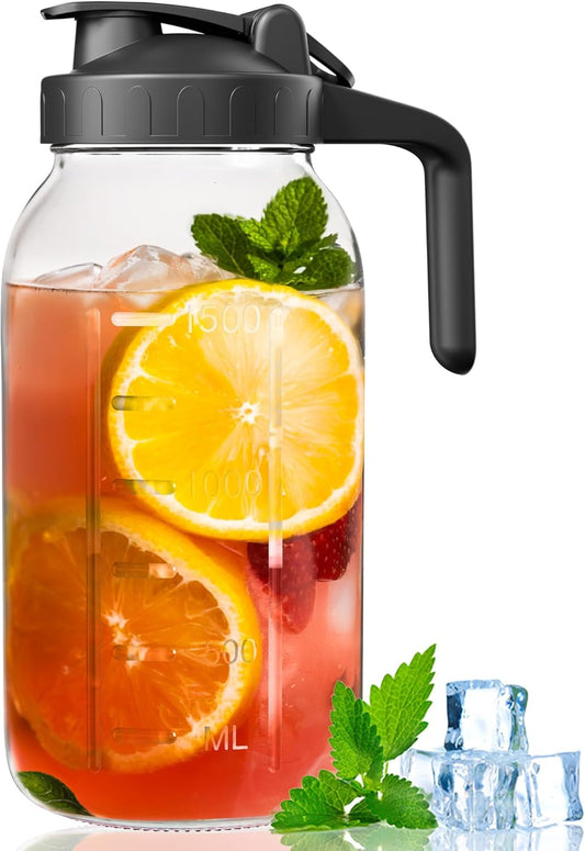 64 oz Mason Jar Pour Spout, 2 Quart Glass Water Pitcher with Lid, Airtight Seal for Great for Iced Tea,Juice,Milk,Coffee,Sun Lemonade, Set of 1(Black)