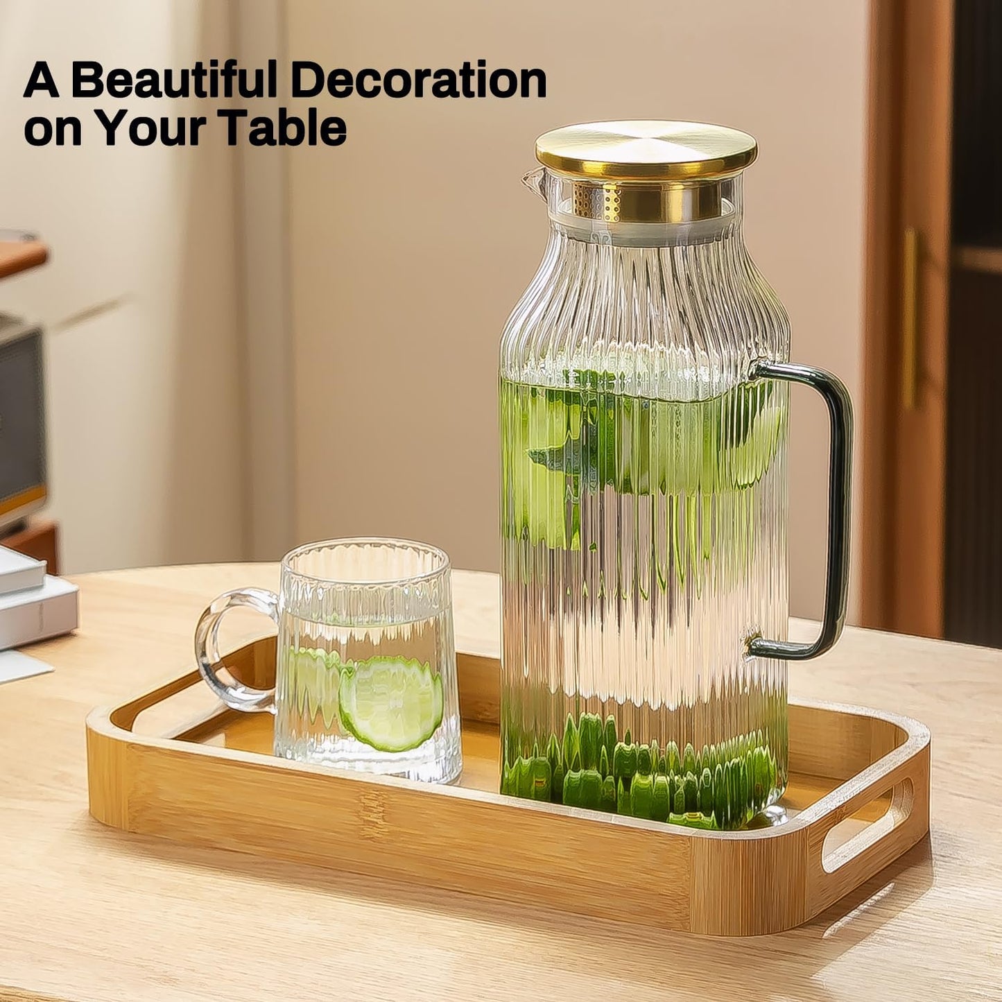 2 PACK Square Glass Pitcher with Lid and Spout,68 oz/2 Liter Vertical Stripes Water Pitcher for Fridge, Borosilicate Glass Water Carafe for Cold Brew, Coffee, Lemonade, Sun Tea,Heat Resistant