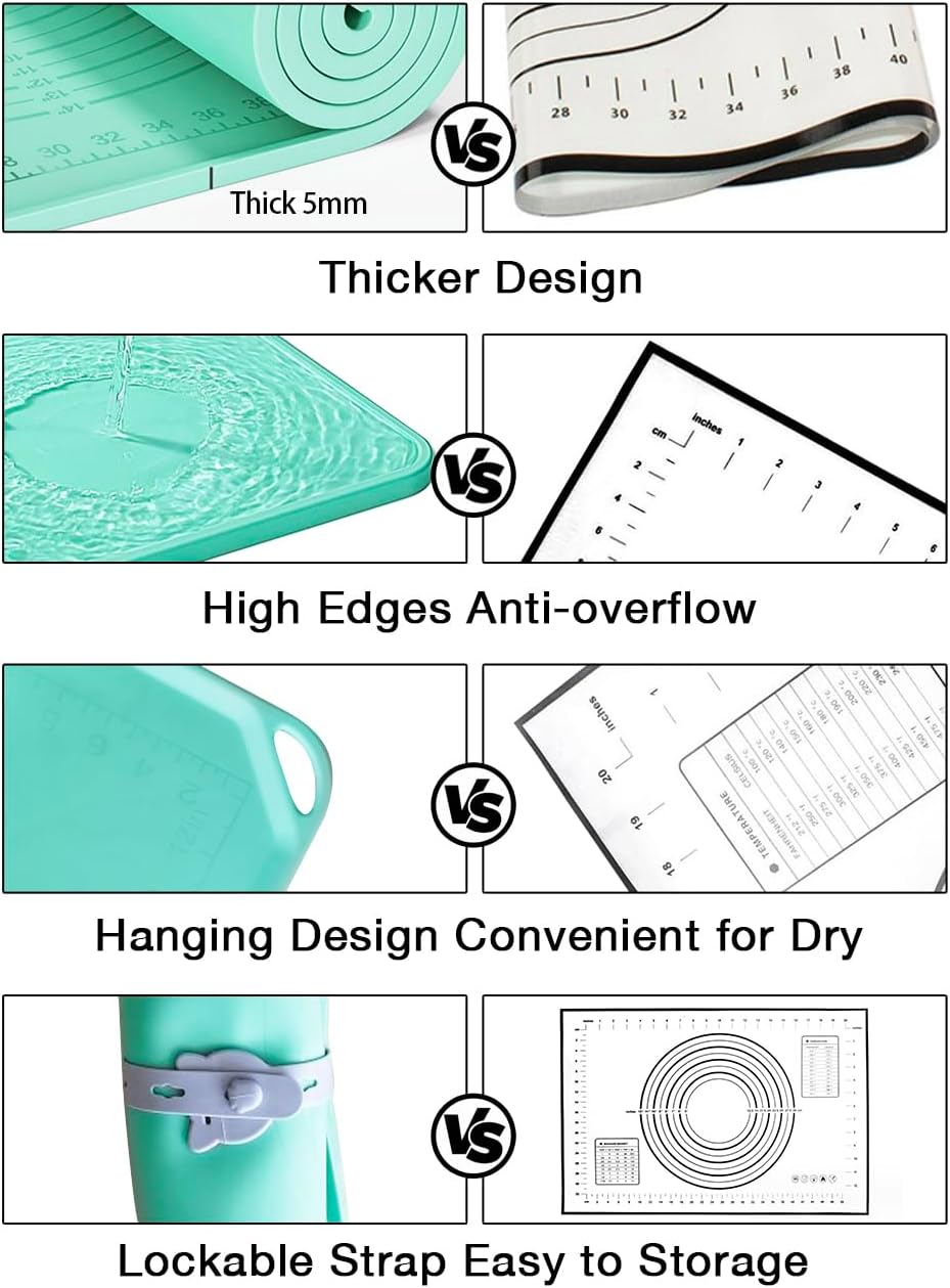 Silicone Pastry Mat 28"*20" Extra Thick Non Stick Baking Mat with Measurement Food Grade Silicone Rolling Dough Mat, Fondant, Pie Crust Mat, Kitchen Mat with Hang Holes, Raised Edge