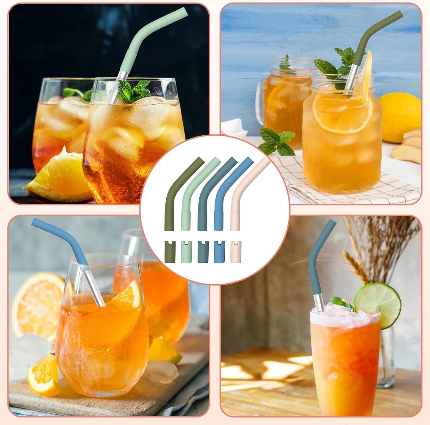 5PCS Bright Color Silicone Metal Strawing Tips, Rubber Straw Tips/Reusable Rubber Straw Sleeve for 8-10mm Diameter Straws, Siliconeing Straws Extenders for Metal Strawings, Silicone Extender Tipings