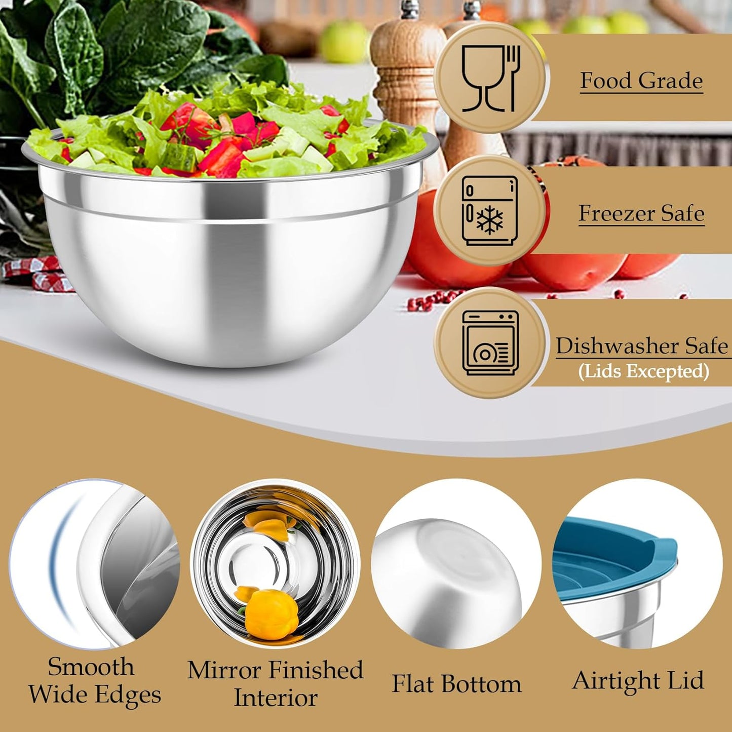 TeamFar Mixing Bowls with Lids Set, 6PCS Stainless Steel Metal Nesting Salad Bowl with 3 Grater Attachments, for Food Baking/Mixing/Serving/Storing, Dark Blue- 4.6/2.6/2 / 1.5/1 / 0.7 QT
