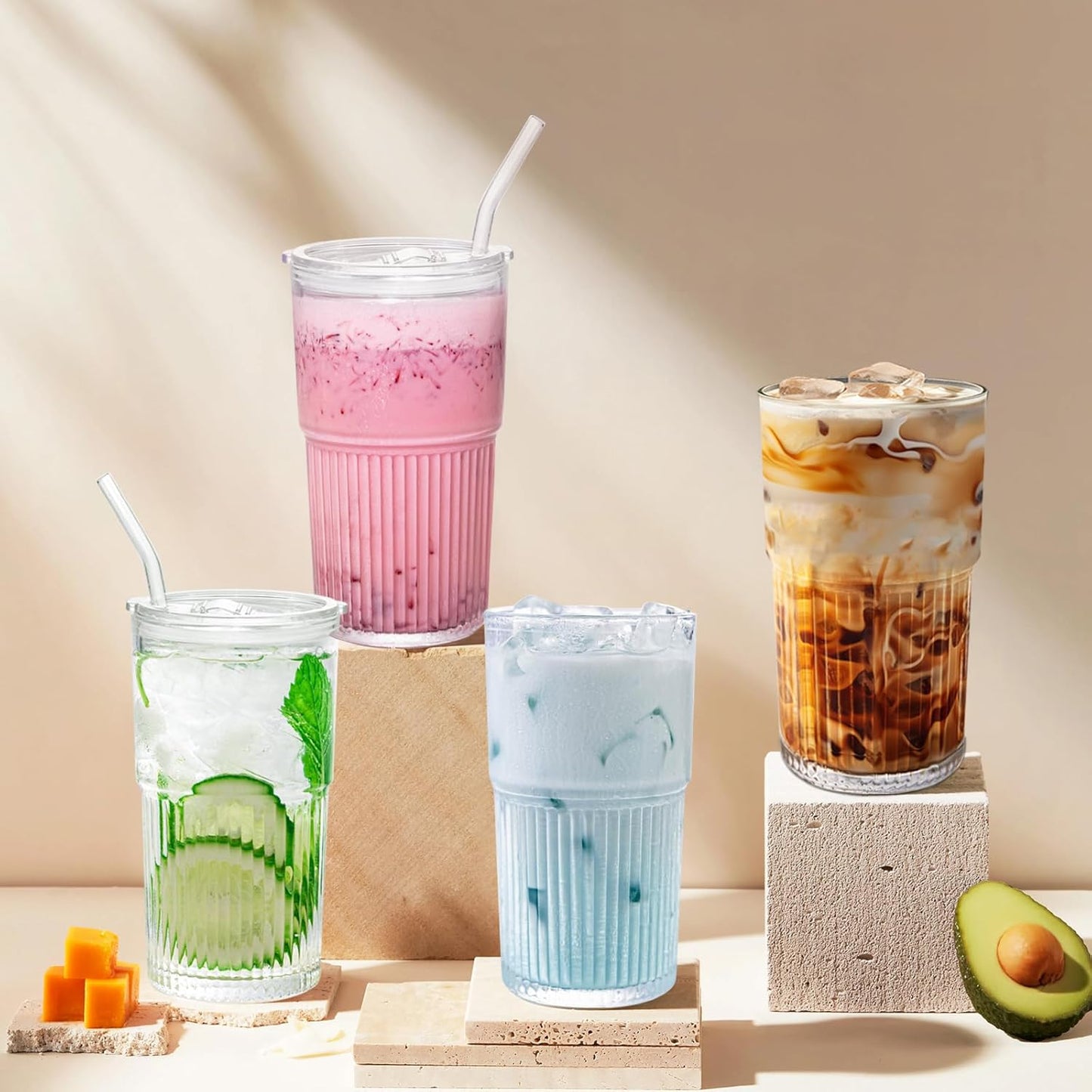 18.5oz Glass Cups with Lids and Straws - Set of 4 Reusable Tumblers, Thickened Shatter-Resistant Glass, Ideal for Iced Coffee, Smoothies, Cocktails, Juices - Elegant & Durable Drinkware