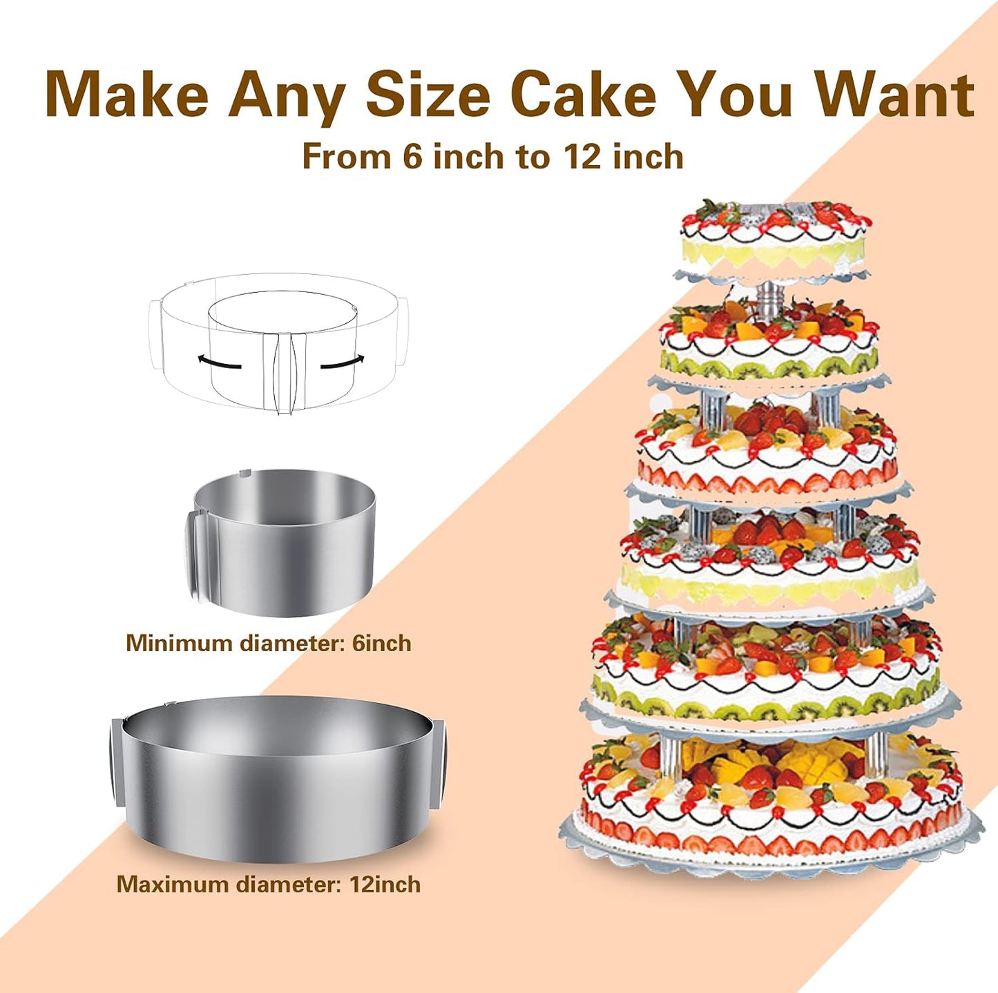 iNeibo Cake Ring and Cake Collar Set, 6 to 12 Inch Adjustable Cake Mousse Mould Set with 6inch Clear Cake Roll, Stainless Steel Pastry Ring, Mousse Ring, Ring Mold for Baking