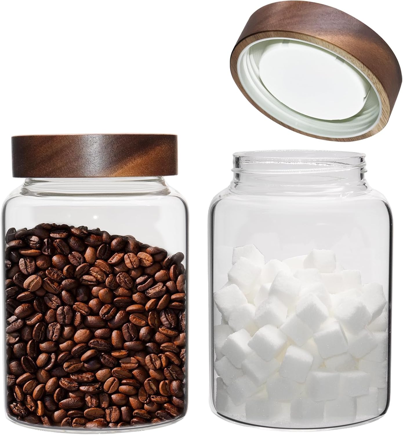 Glass Coffee Jars Spice Jar Round Storage Canister with Wooden Lid Clear Glass Food Jar for Pantry Sugar Tea Coffee Bean Spice Nuts Cookies Bath Salts (1200ml/40oz-2pack-A)
