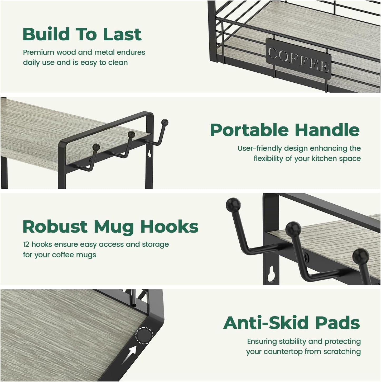 EsLuker.ly Coffee Mug Cup Holder Stand Bar Station Organizer for Countertop, Multi-Functional 2 Tier Mug Tree Rack for Kitchen, Storage Shelf with 12 Hooks, Light Grey-Black(Patented Design)