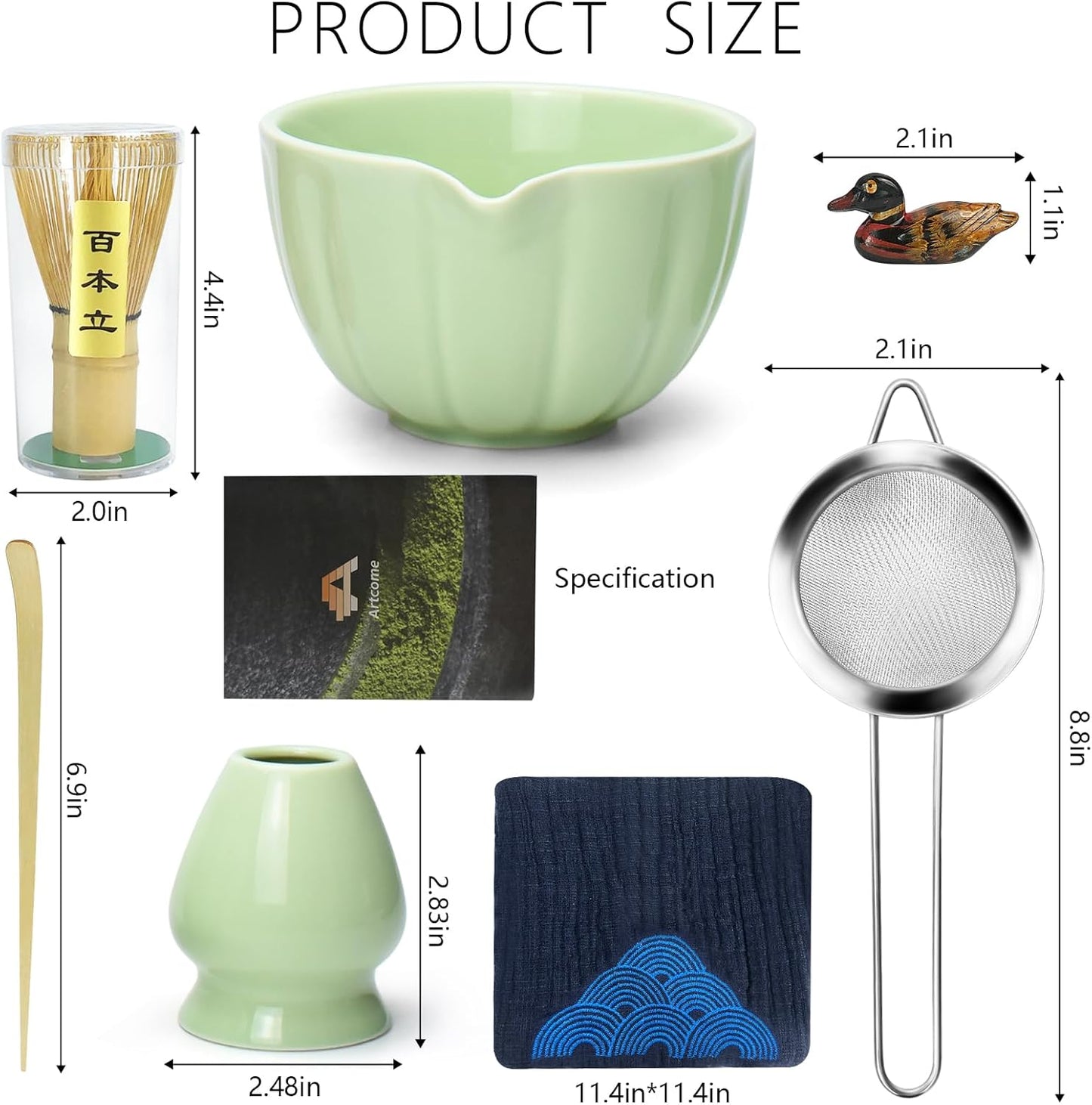 Artcome 7 Pcs Japanese Matcha Tea Set - Matcha Bowl with Pouring Spout, Matcha Whisk, Tea Scoop, Whisk Holder, Handmade Matcha Ceremony Kit For Japanese Tea Ceremony, Green
