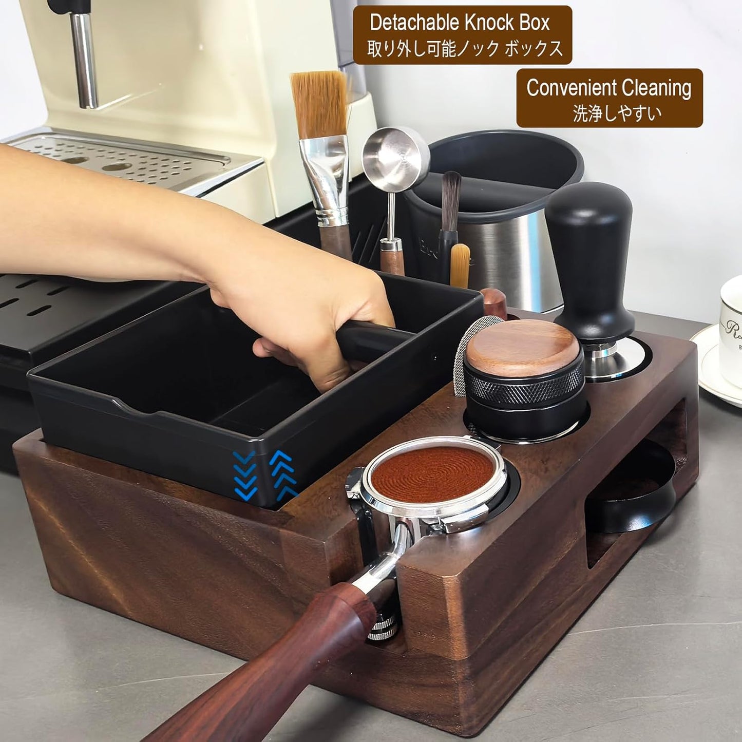 Espresso tamping station and knock box,Wooden portafilter holder,Espresso organizer station box,Tamping station fit for storage 51/54/58mm coffee accessories,Multifunctional espresso station