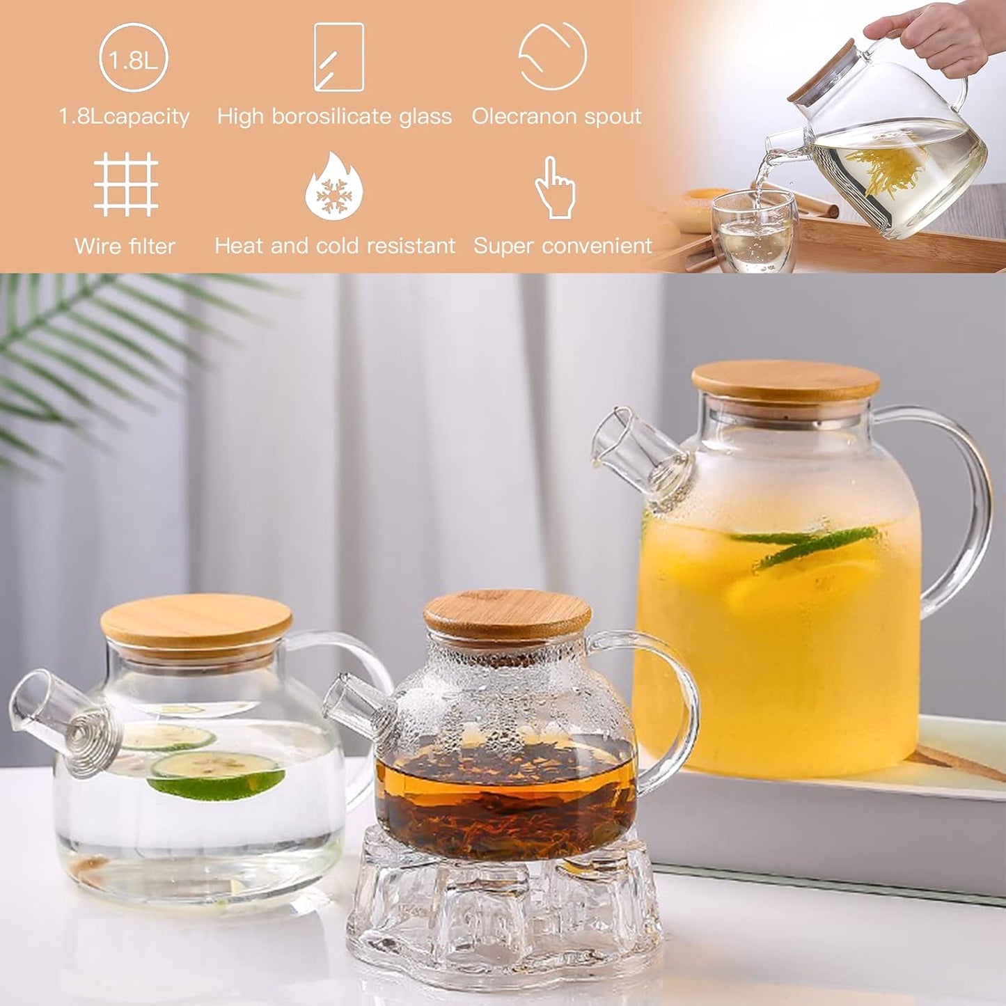 60.8oz Glass Teapot, Stovetop & Microwave Safe Glass Borosilicate Tea Pot,Clear Teapot with Strainer, Glass Tea Kettle with Wooden Lid, Loose Leaf、Fruit Tea and Fragrant Tea