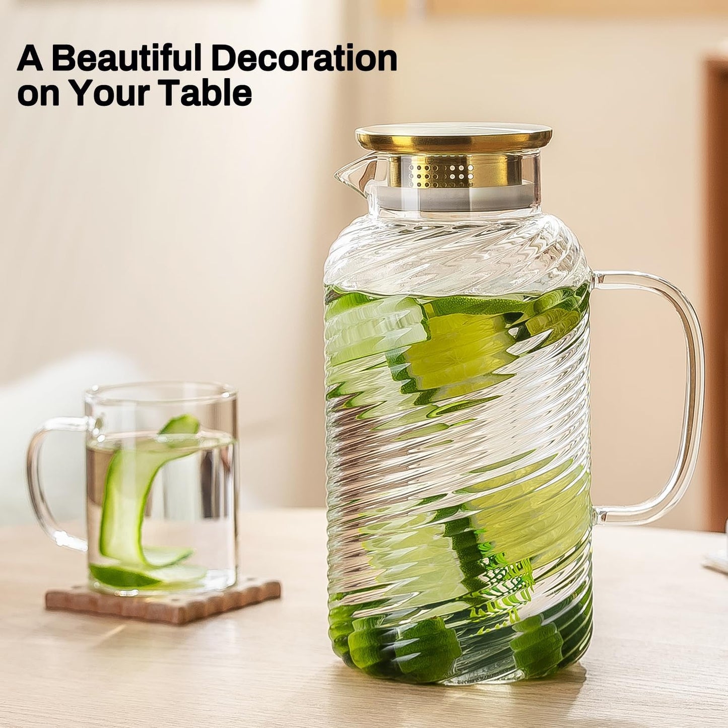 2 PACK Glass Pitcher with Lid, 68 oz/ 2 Liter Spiral Pattern Water Pitcher,Glass Water Carafe for Cold Brew, Coffee, Lemonade, Iced Sun Tea,Beverage, Milk, Heat Resistant