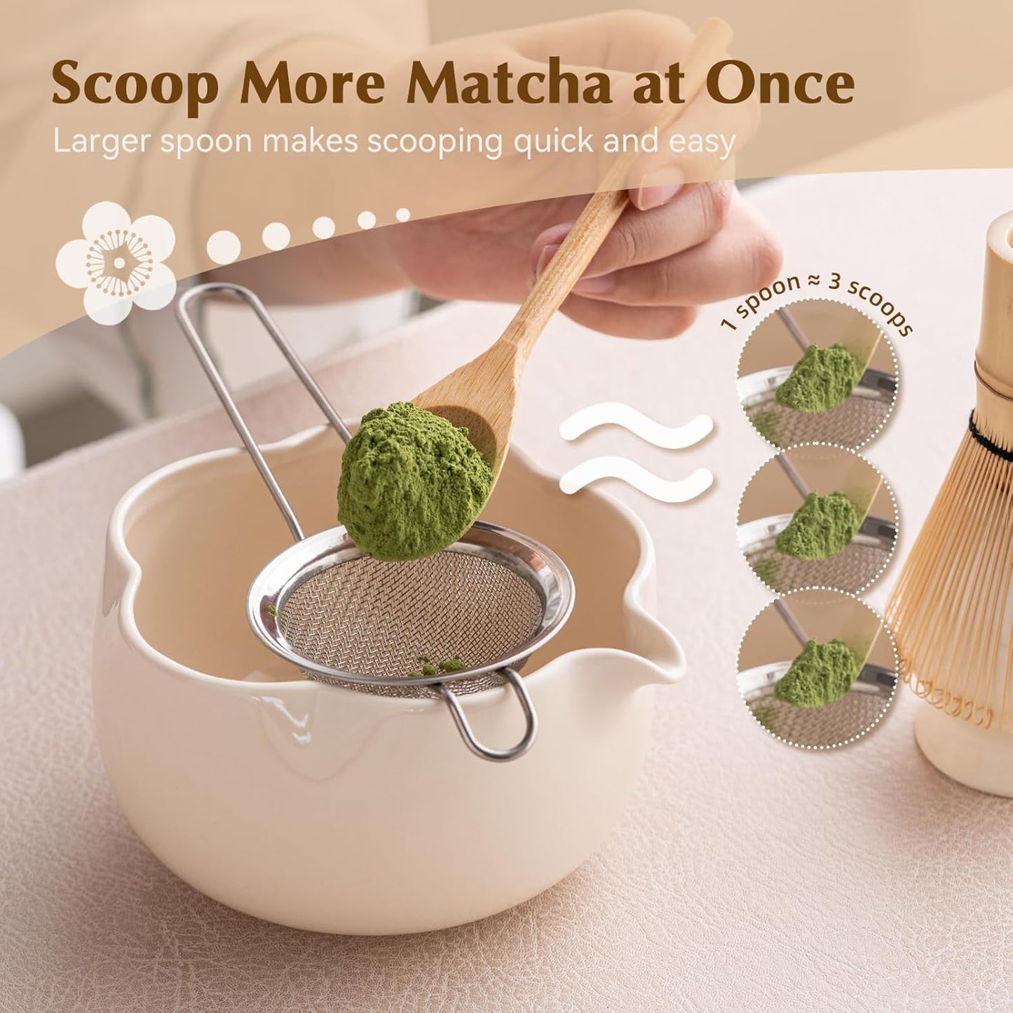 Matcha Set, 8Pcs Floral Ceramic Matcha Set with Matcha Whisk, Holder, Scoop, Scoop Rest, Sifter, Spoon and Tea Towel - Thoughtful Matcha Whisk Set Gift for Matcha Lovers (Beige)
