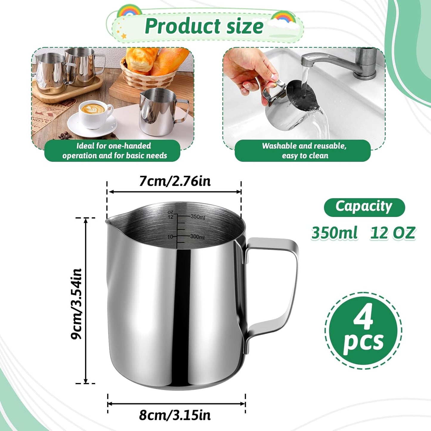 4 Pcs Milk Frothing Pitchers, 12 Oz 304 Stainless Steel Espresso Steaming Pitchers with Measuring Markers, Heat Resistant Rustproof Barista Pitcher Tools for Home, Coffee Shops (Silver)
