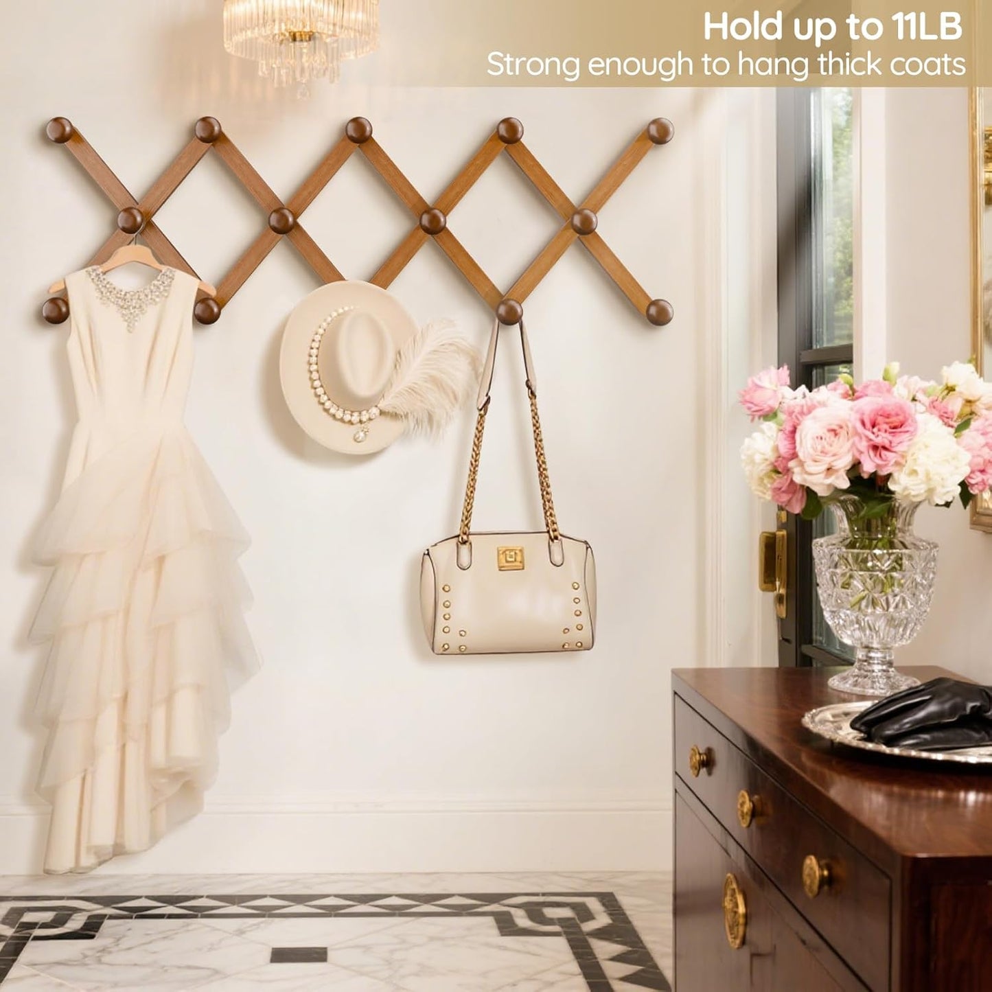 Accordion Wall Hanger 14 Hooks, Expandable Coat Rack Wall Mount for Coats, Hats, Bags, Baseball Caps, Solid Wooden