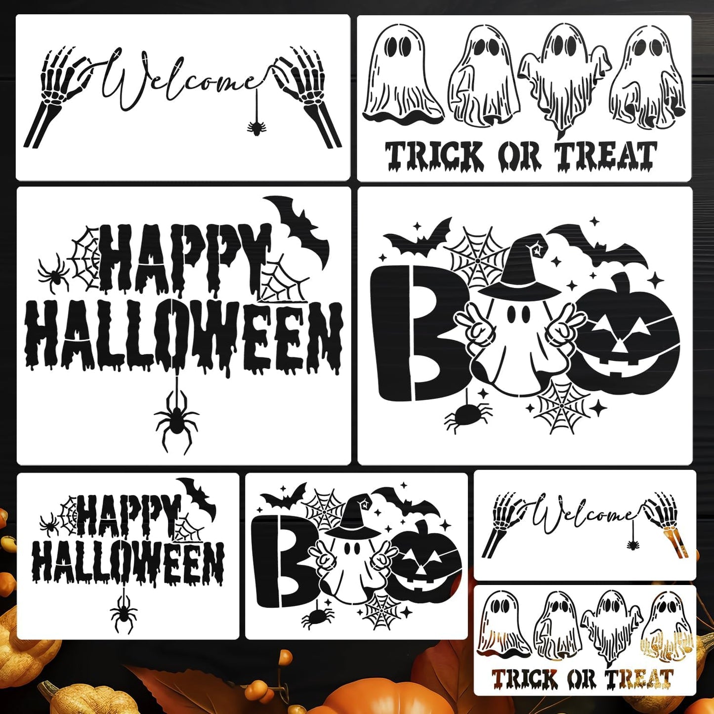 Halloween Stencils Skeleton Boo Ghost Stencil Reusable Halloween Stencils for Painting on Wood Sign Door Mats Fabrics DIY Crafts Decor