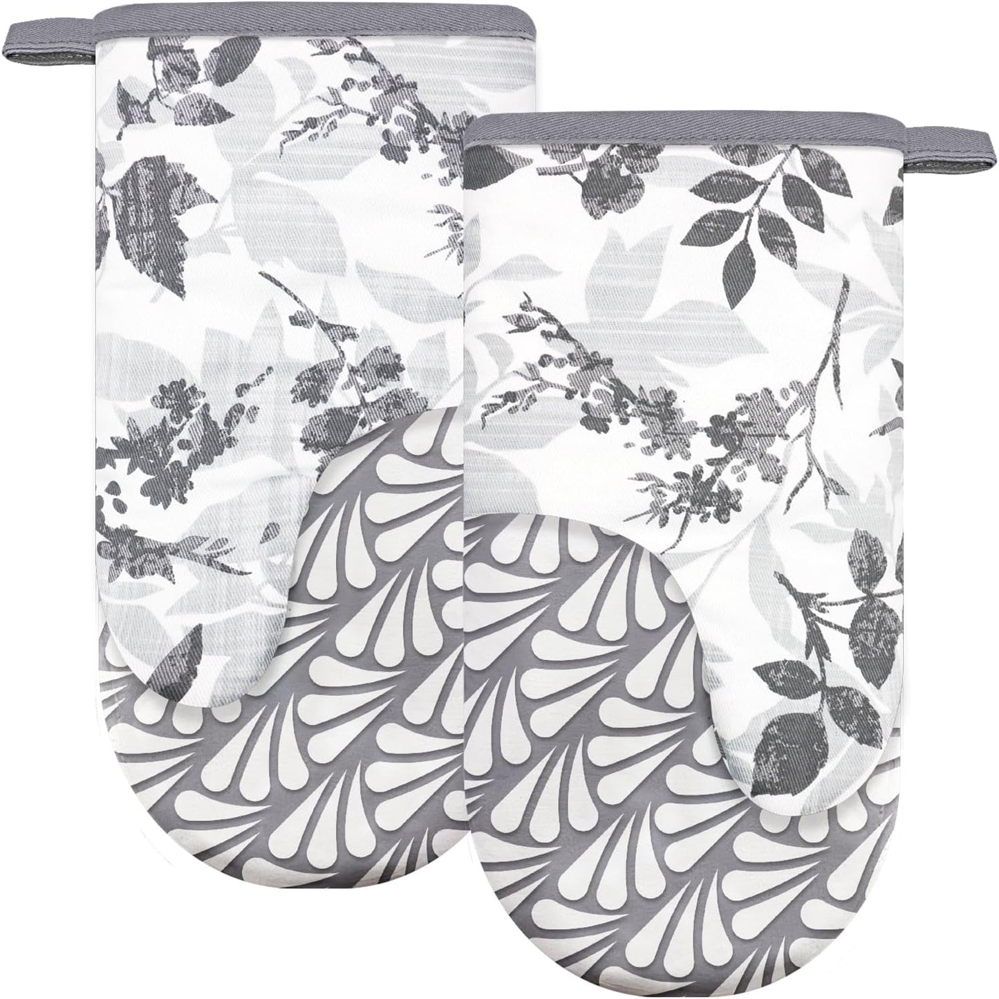 Thumb Oven Mitts, Heat and Slip Resistant Silicone Kitchen Mittens 2-Pack Set, Foliage Textured Flower Soft Long Oven Gloves, Flexible Thick Potholders for Safe Baking Cooking and Gr (Grayish)