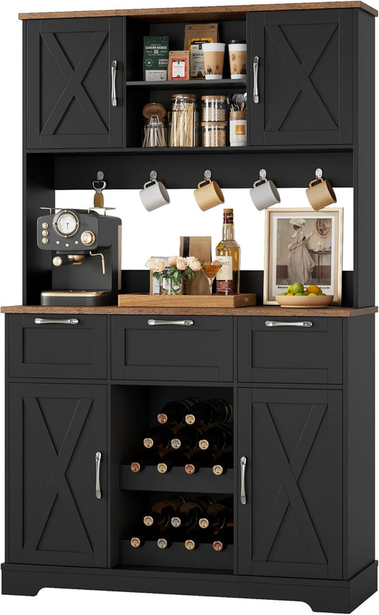 HIFIT 72" Large Kitchen Pantry Storage Cabinet with Barn Doors & Shelves, Farmhouse Tall Kitchen Hutch Wood Bar Cabinet w/3 Drawers, Microwave Stand, Cupboard Wine Rack for Dining Room, Pantry, Black