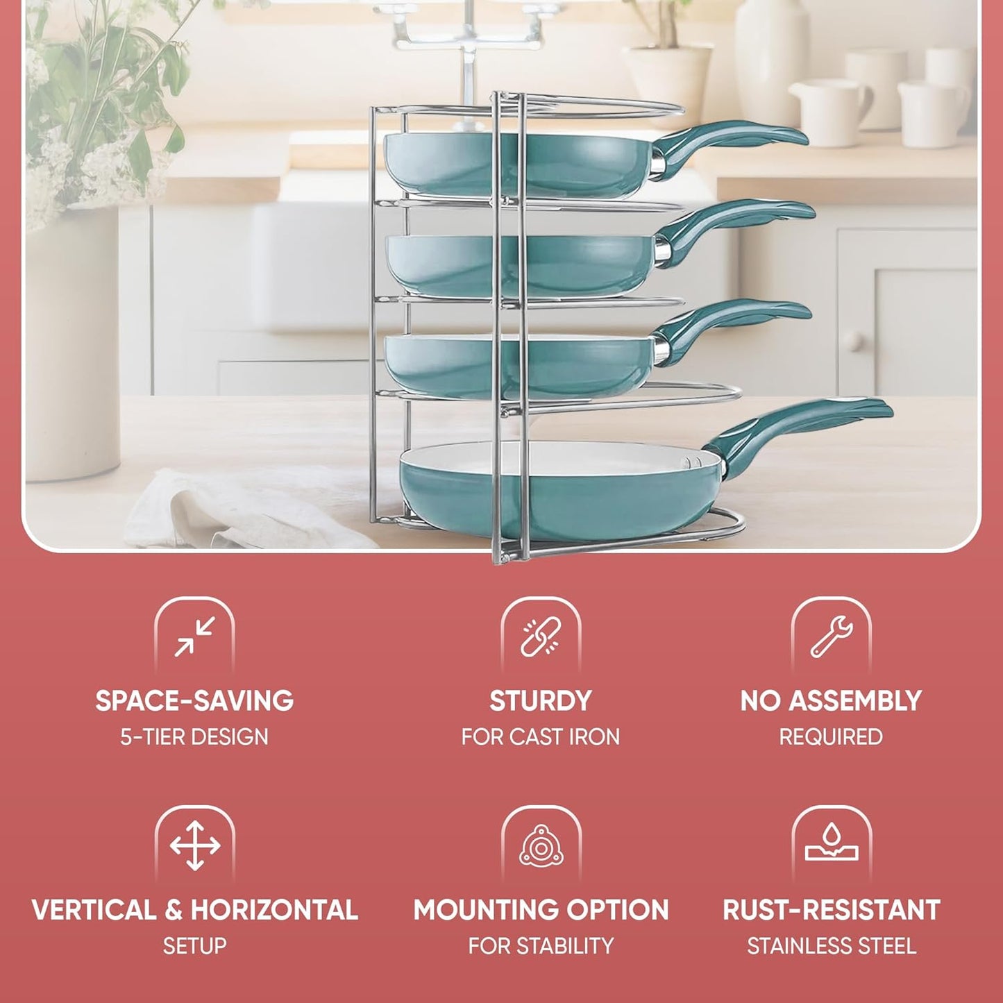 Heavy-Duty Pots and Pans Organizer | 5-Tier Cookware & Lid Storage Rack | Free-Standing or Wall-Mount | Kitchen Organizer for Cast Iron Skillets, Pots, Frying Pans, Lids | Chrome