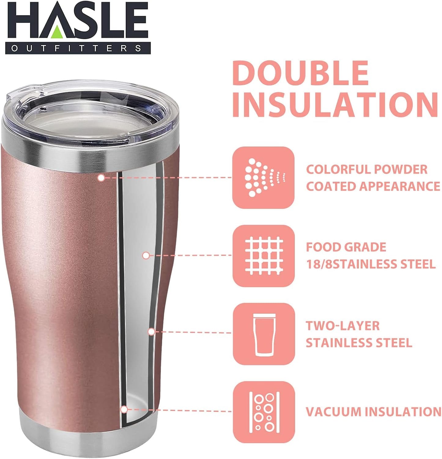HASLE OUTFITTERS 20 oz Tumbler Bulk, Stainless Steel Tumblers with Lid, Vacuum Insulated Tumbler, Double Wall Tumbler Cup, coffee mugs, Rose Gold, 6 Pack