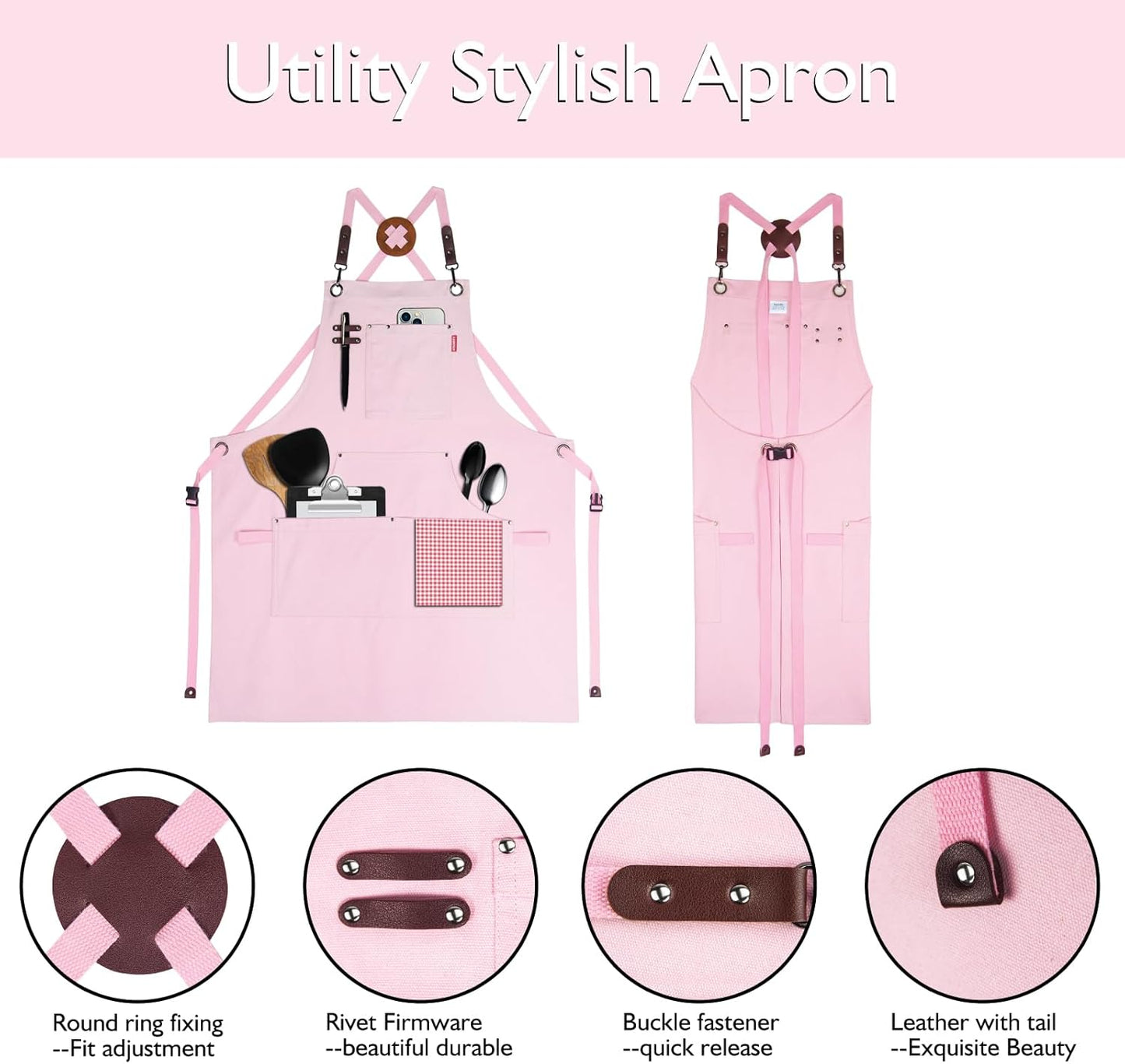 Kitchen Apron, Work Apron, Canvas, Multiple Pockets, Gardening, Painting, BBQ, Artist, Carpenter, Sizes M to XXL, Pink