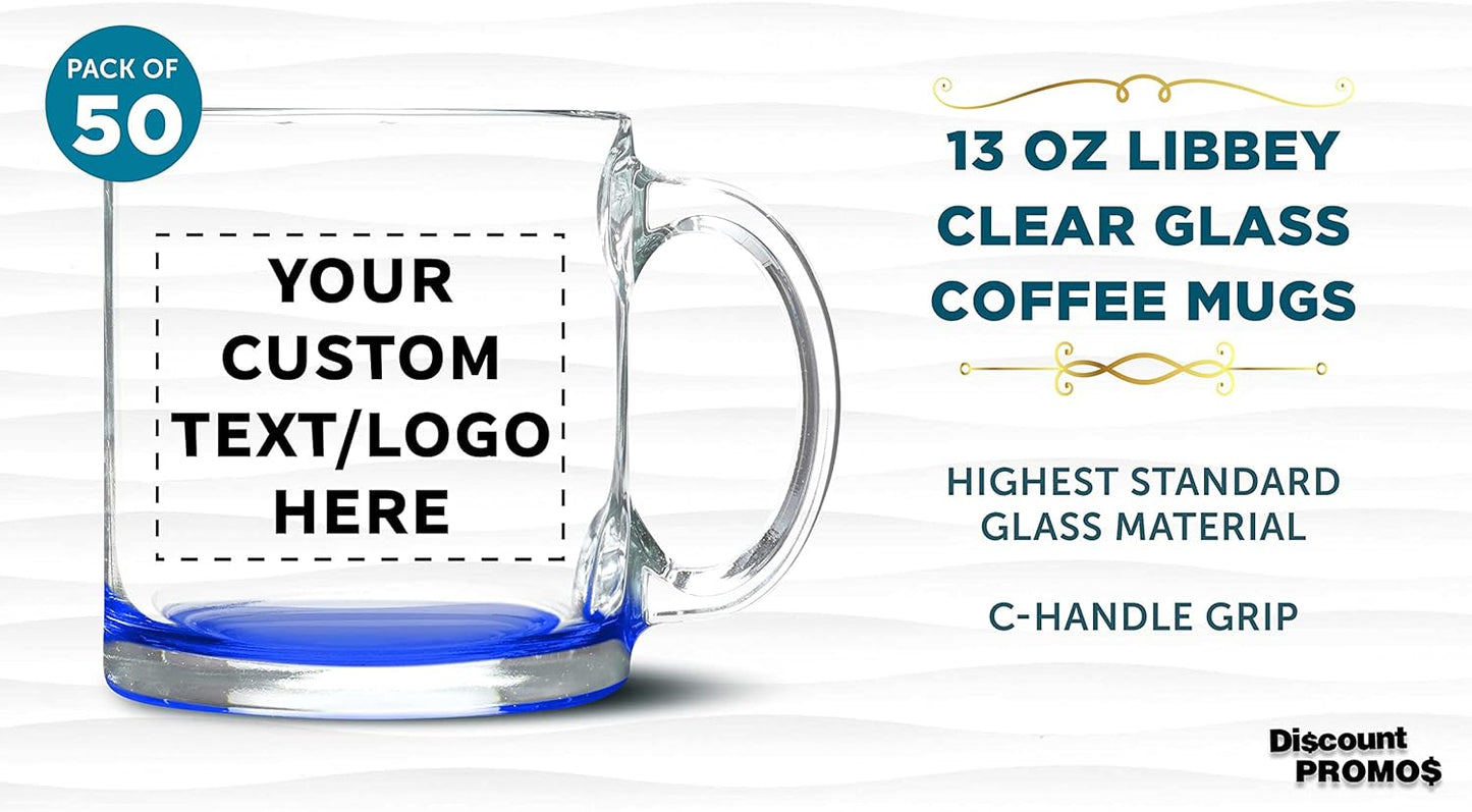 Custom Libbey Clear Glass Coffee Mugs 13 oz. Set of 50, Personalized Bulk Pack - Perfect for Coffee, Tea, Espresso, Hot Cocoa, Other Beverages - Blue Bottom
