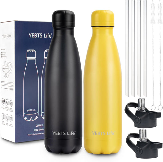 Insulated Water Bottle, 2 Pack-17oz Stainless Steel Water Bottles with straw lid, Metal Sports Water Bottles for Boys,Girls, Double Wall Vacuum BPA-Free Flask for School, Sports(Black-Yellow)