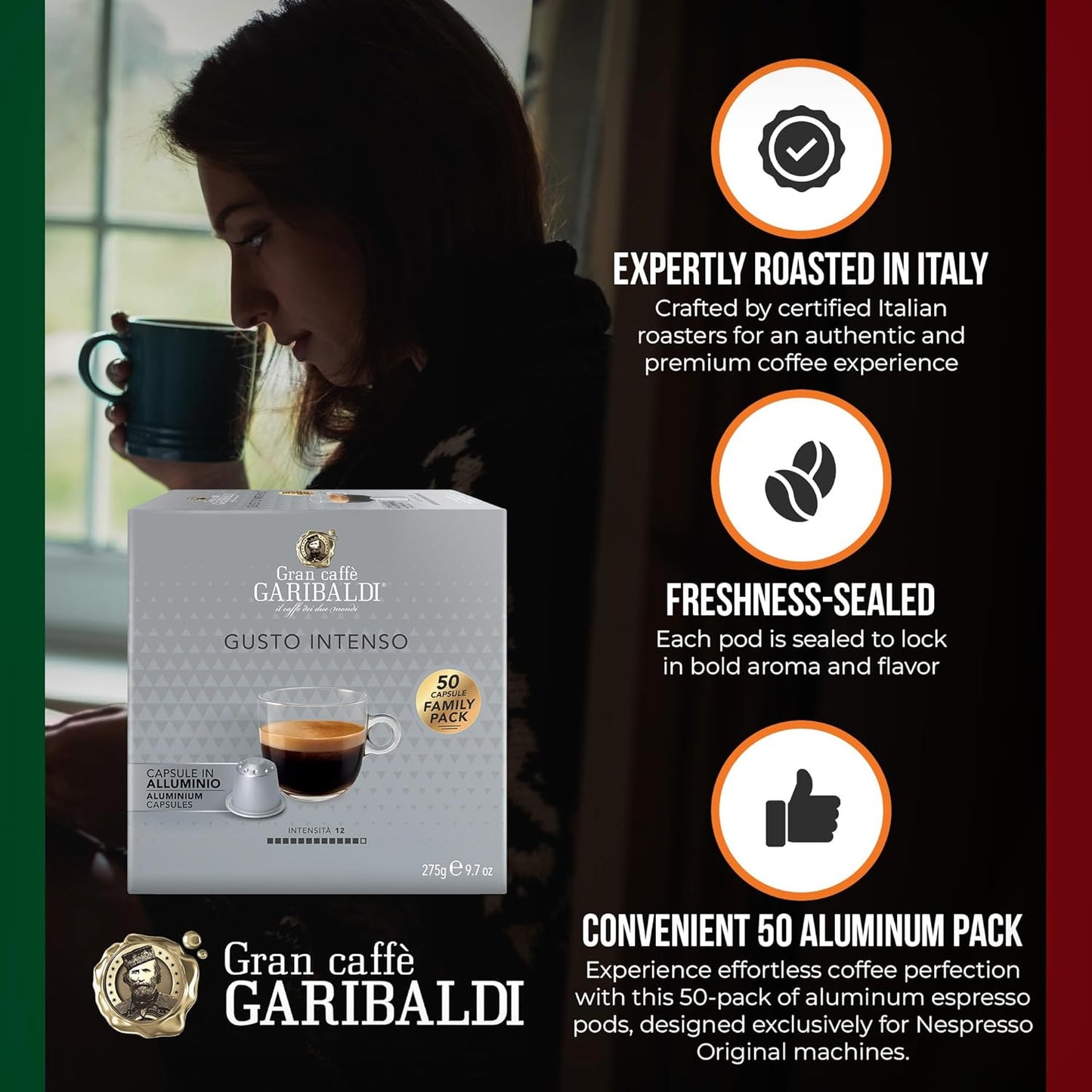 Gran Caffè Garibaldi Espresso Pods, Italian Roasted Coffee, Compatible Nespresso Original Line Machines, Nitrogen Flushed, Strong & Intense, Cocoa & Dried Fruit, Dark Roast - Gusto Intenso (Aluminum) 50 Cups