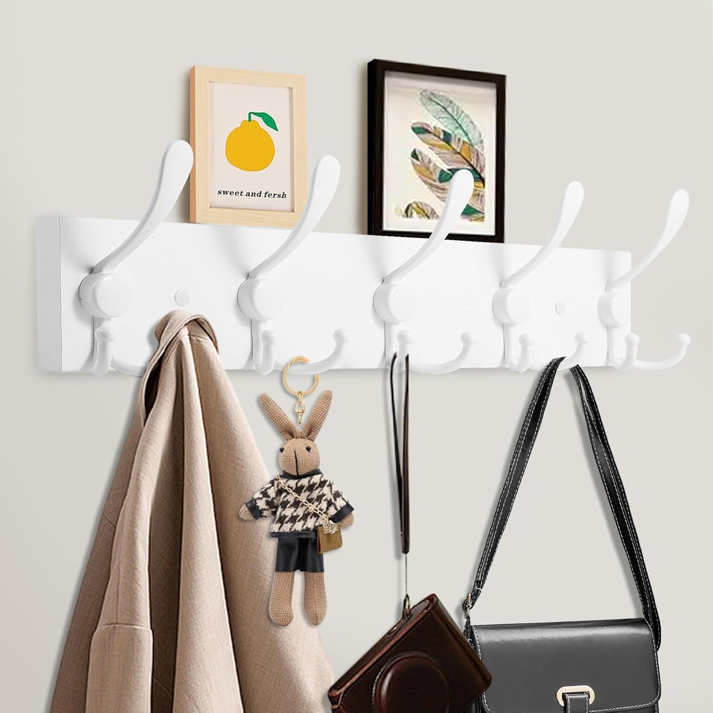 2pcs Coat Rack Wall Mount Coat Hooks Wooden Hat Rack for Wall Hooks Pine Real Wood Plank 16.9" White Coat Hanger with 5 White Triple Hooks for Hanging Coat Hat Jacket