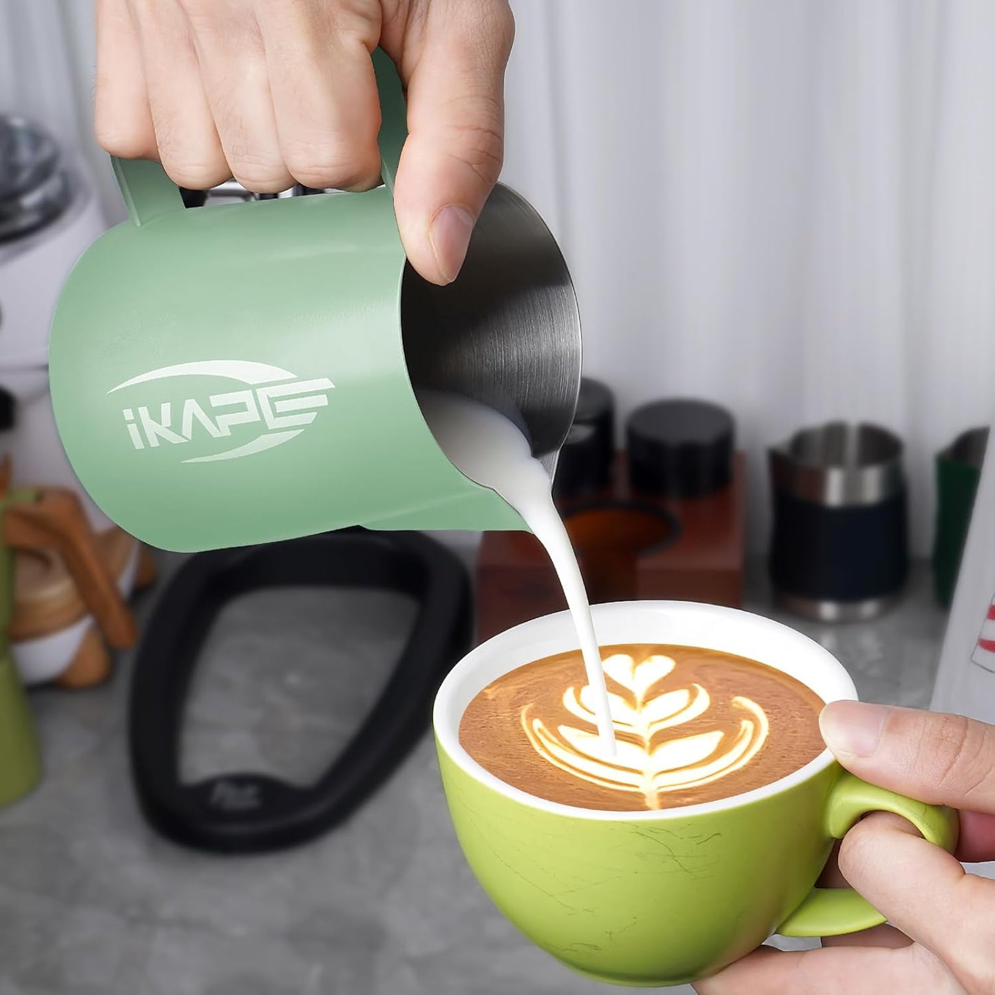 IKAPE Espresso Milk Pitcher, Espresso Steaming Pitcher with Sharp Spout for Espresso Barista Tool, 20.3 oz / 600ml Milk Frothing Jug (Light Green)