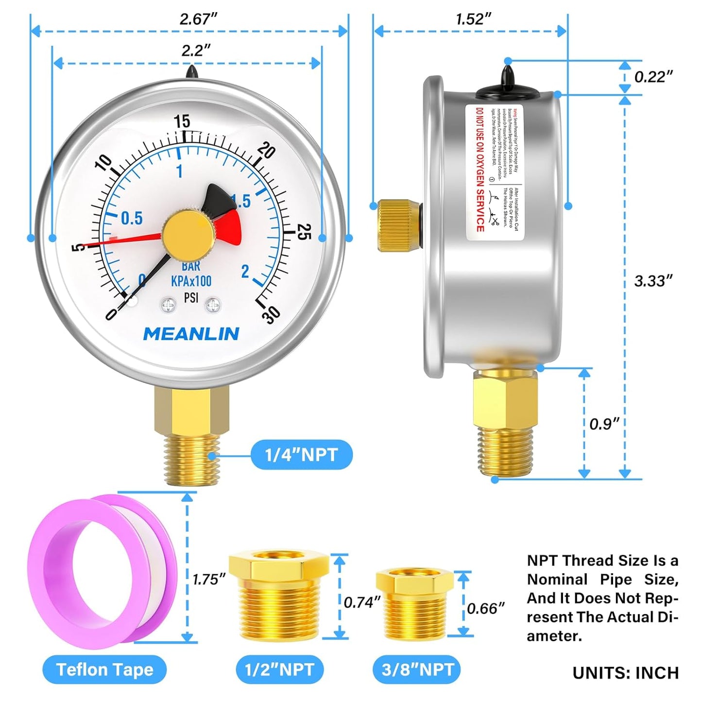 MEANLIN MEASURE 0~30Psi Stainless Steel 1/4" NPT 2.5" FACE DIAL with Reset Pointer Liquid Filled Pressure Gauge WOG Water Oil Air, Lower Mount, with Brass Hex Bushing