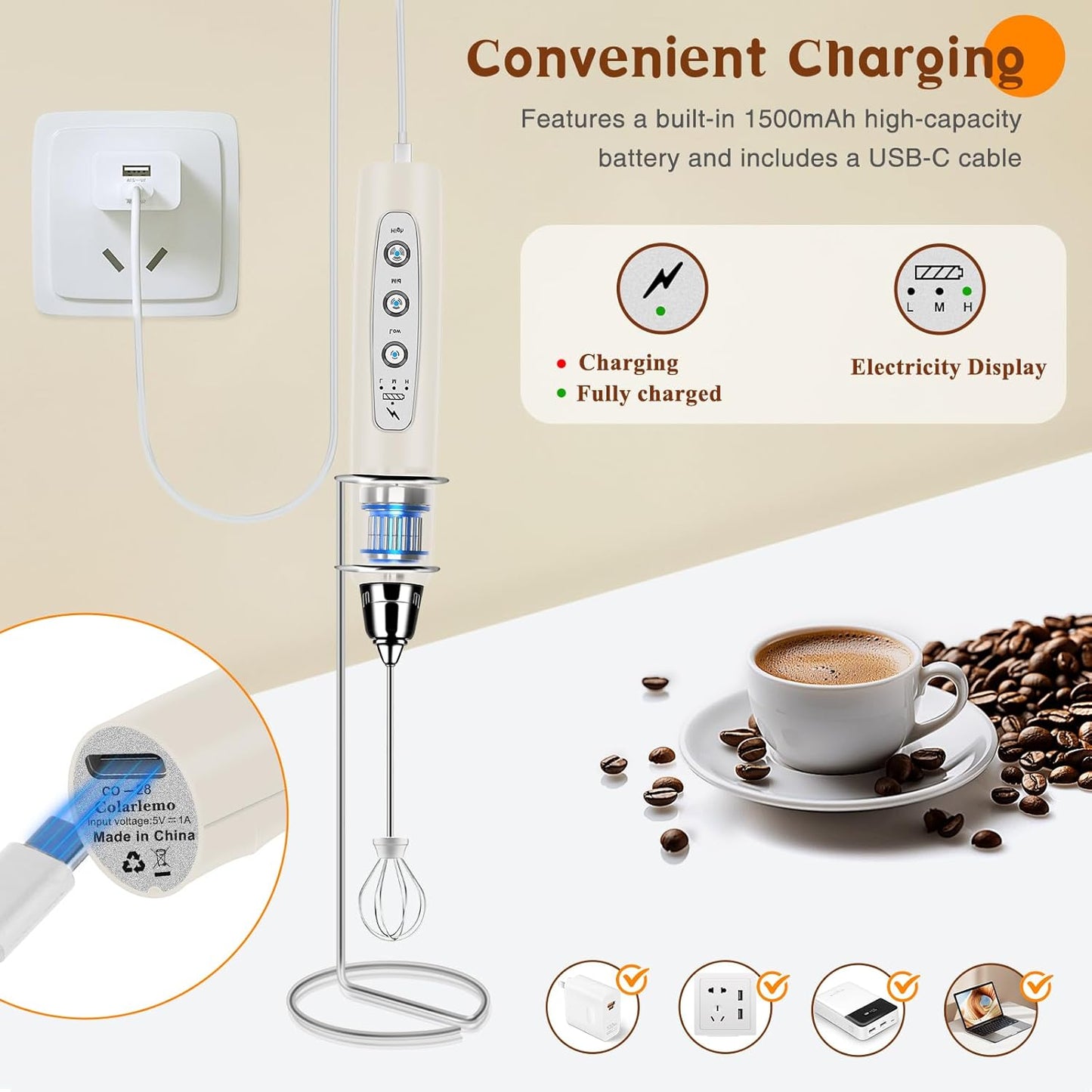 Milk Frother Handheld Rechargeable with Stand, Frother Wand Drink Mixer Electric Whisk for Coffee, Detachable With 3 Stainless Whisks, Hand Mixer for Lattes, Cappuccino, Matcha, Egg, Beige