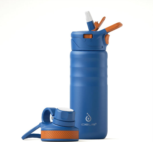 IDEUS Insulated Stainless Steel Water Bottle with 2 Leak-Proof Lids, Thermal Water Flask for Hiking Biking, 18oz, Bright Blue