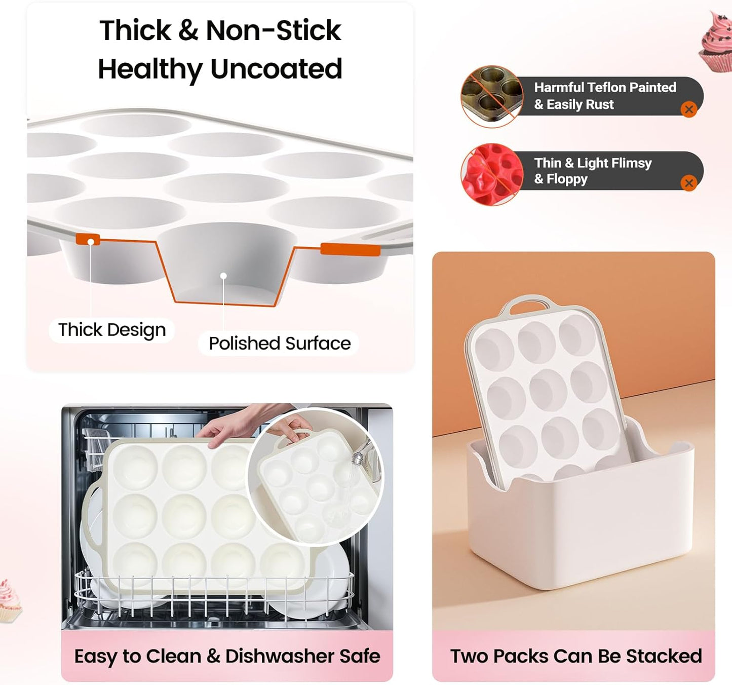 Silicone Muffin Pans for Baking 2 Pack, 2.6 Inch with Metal Reinforced Frame, Regular Size Nonstick Cupcake Pan 12 Cups for Baking Homemade Muffins, Dishwasher Safe BPA Free-Grey